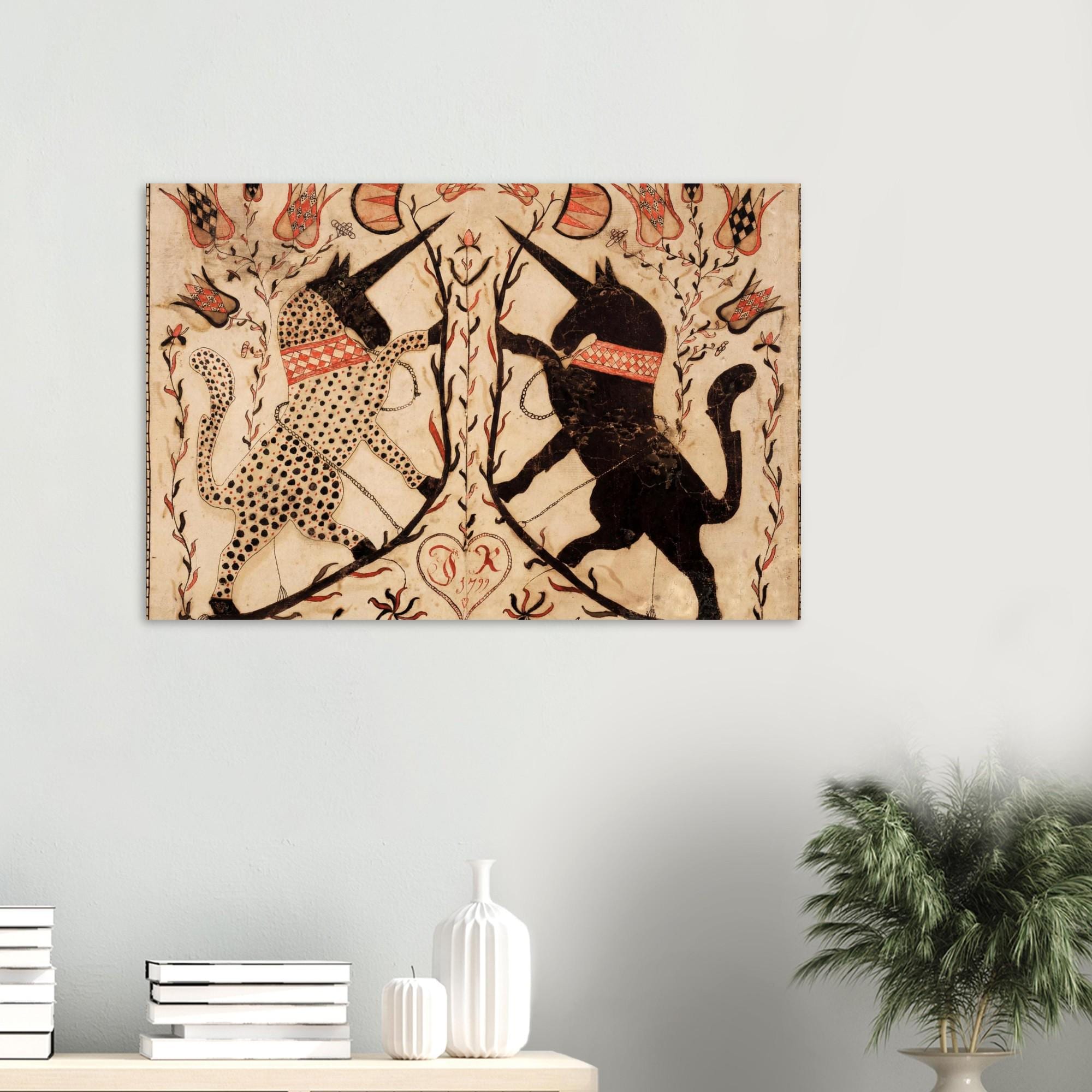 Two Unicorns by Sussel-Unicorn Artist Archival Paper Print, Primitive Folk Art, Living Room Wall Decor, Whimsical Mythical Art. Gift Idea