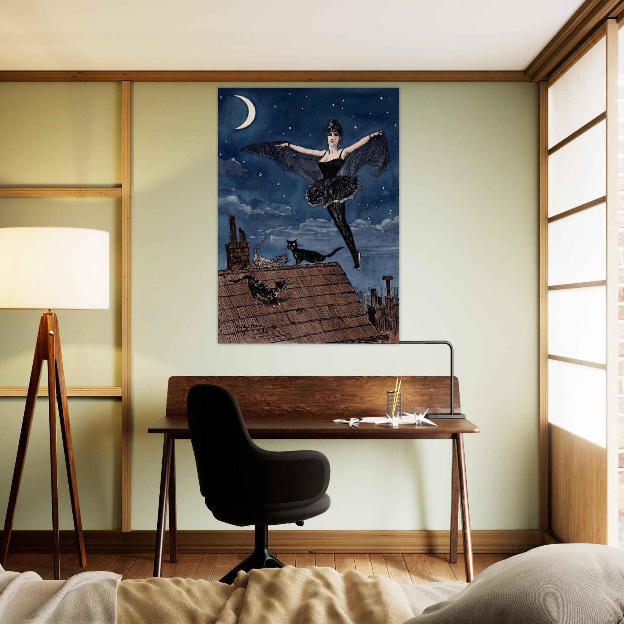 Vintage Bat Woman Art Print Dudley Hardy Cat Illustration Moon Rooftop Gothic Wall Decor Unframed Art Nouveau Vintage