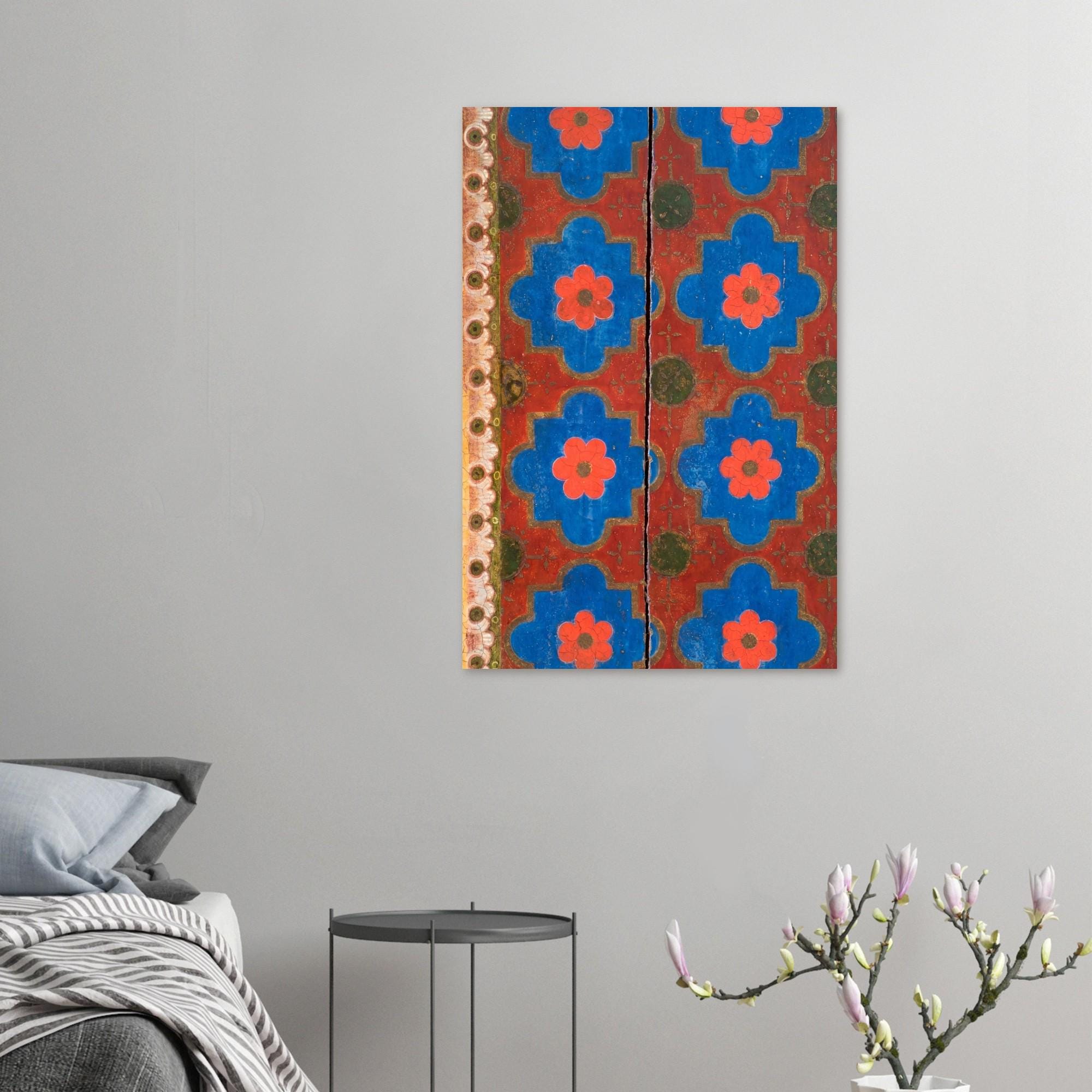 Medieval Floral Pattern Art Print Red Blue Gold Folk Art Rosette Wall Decor Antique Wooden Ceiling Motif - Folk & Naive Art