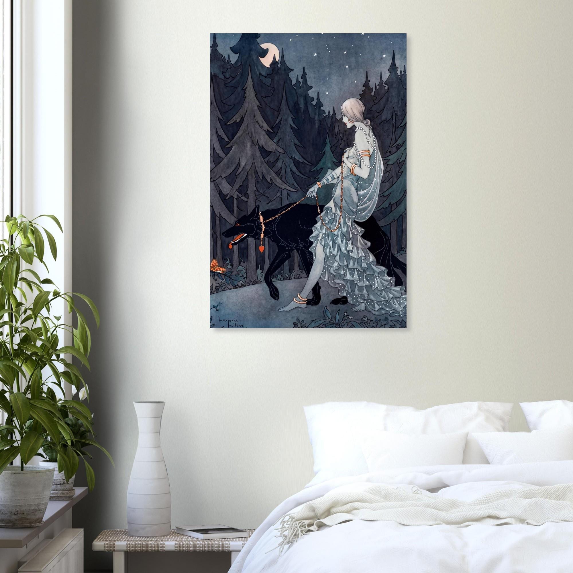 Queen of the Night Marjorie Miller Art Print Vintage Dark Fantasy Art Deco Woman with Wolf Ethereal Decor Art Nouveau and Vintage