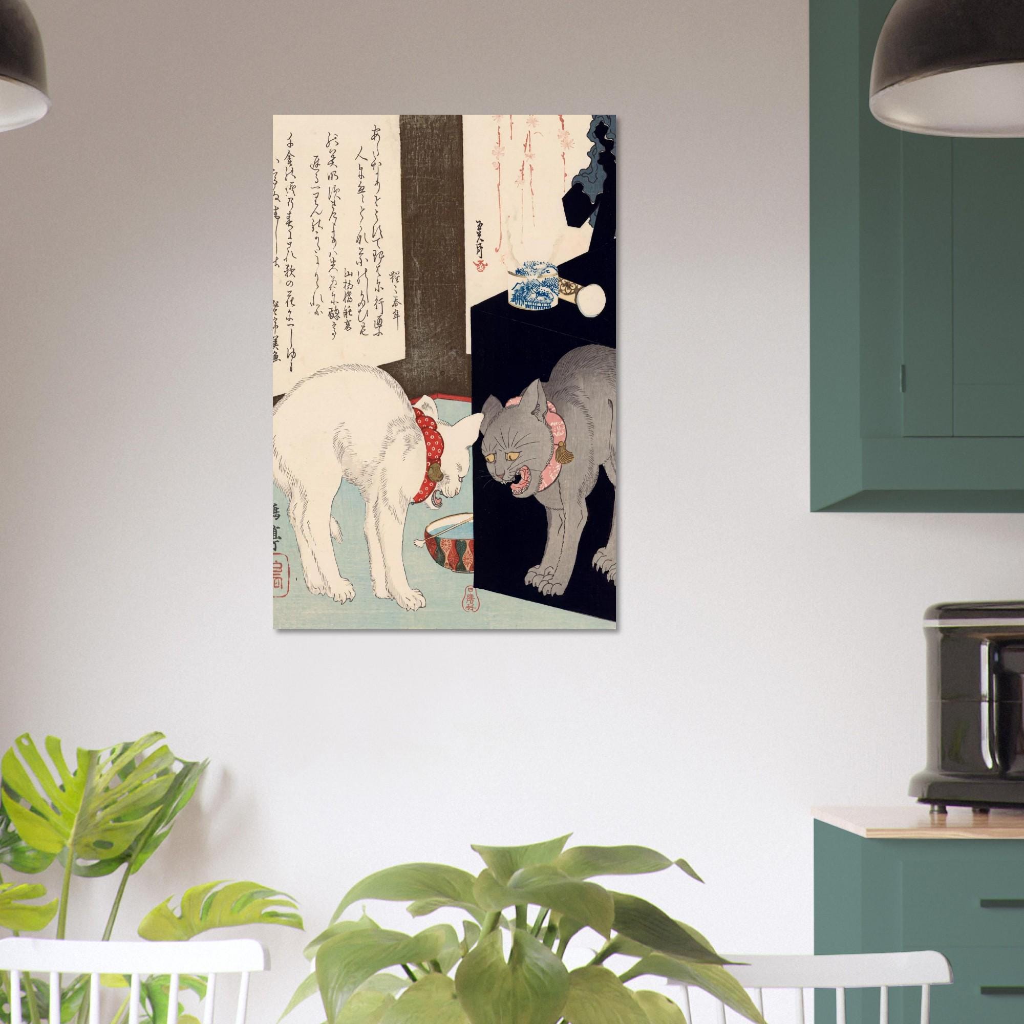 Two Cats Japanese Woodblock Print Vintage Ukiyo e Feline Art Antique Edo Period Surimono Wall Decor Woodblock Asian Art