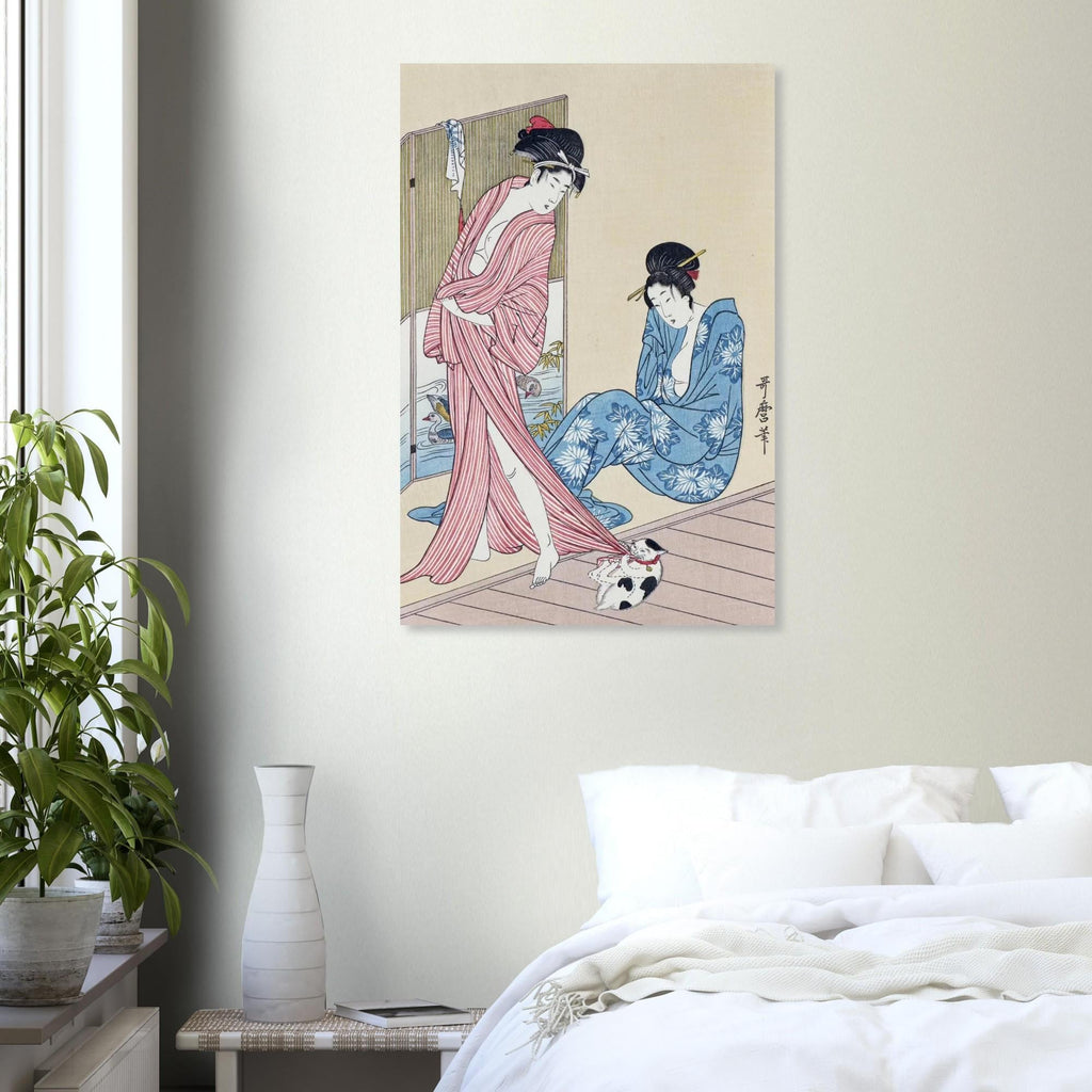 Majestic Japanese Woodblock Art Print Playful Cat Biting Kimono Kitagawa Utamaro Ukiyo e Masterpiece Poster Woodblock And Asian Art