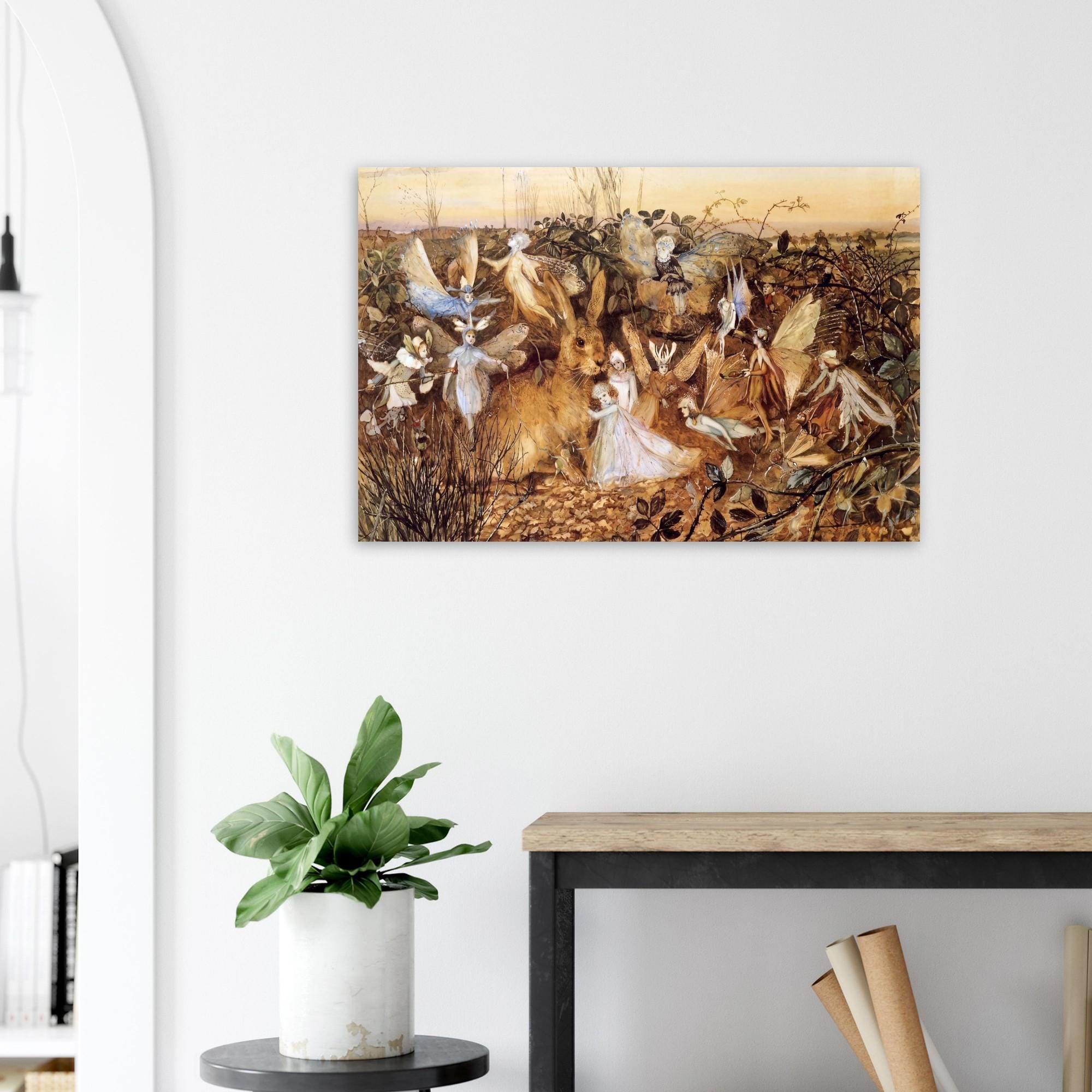 Vintage Victorian Fairy Art Print Whimsical Woodland Hare and Fairies Antique Fantasy Painting Wall Decor Myth Symbolism