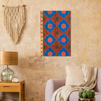 Medieval Floral Pattern Art Print Red Blue Gold Folk Art Rosette Wall Decor Antique Wooden Ceiling Motif - Folk & Naive Art