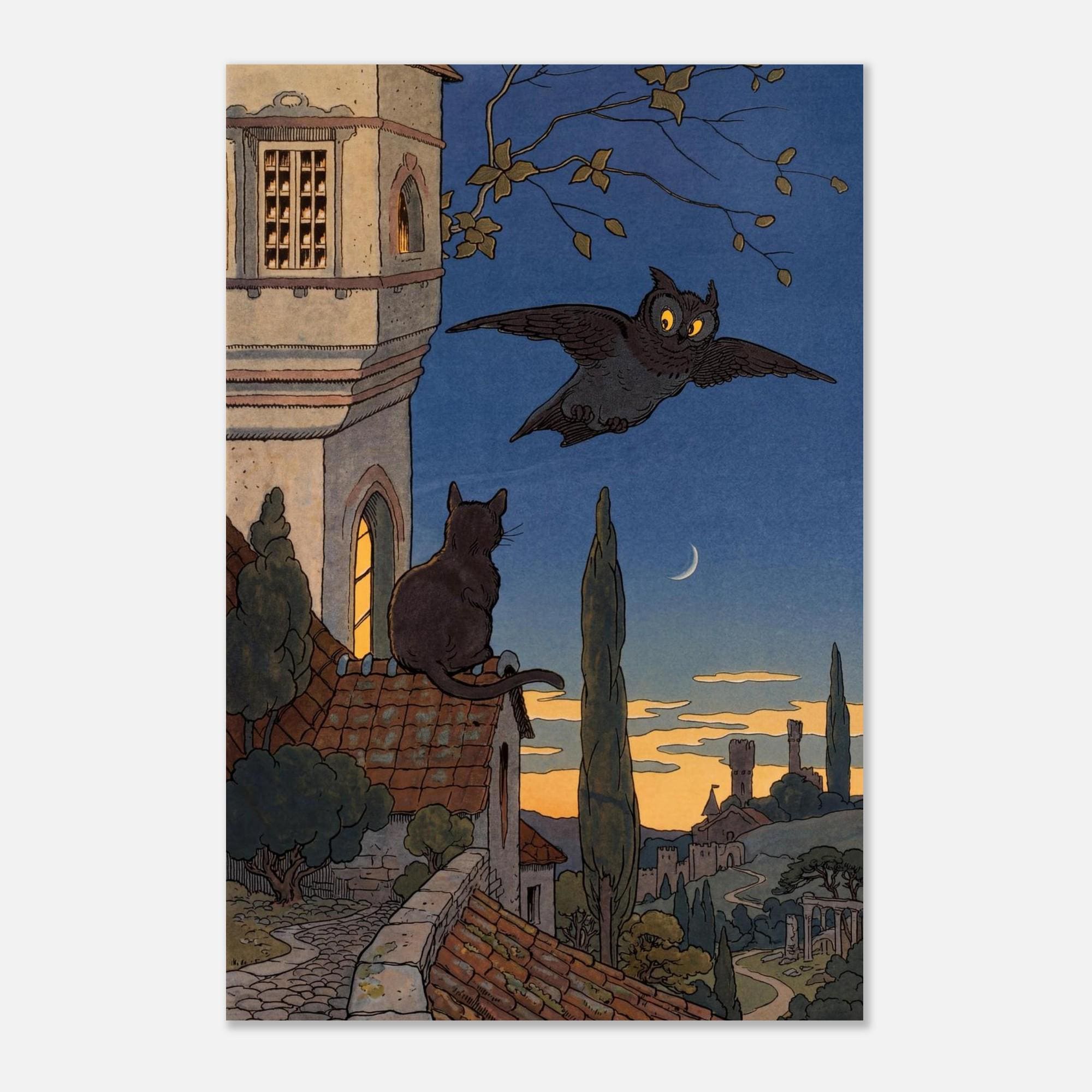 Vintage Owl and Cat Art Print, Whimsical Night Tower Illustration, Retro Animal Wall Decor, Unframed Art Nouveau & Vintage