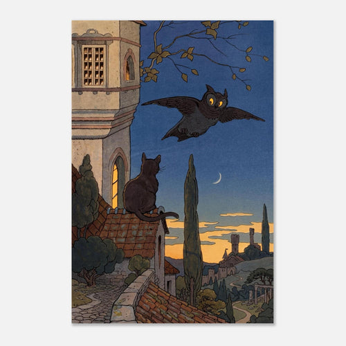 Vintage Owl and Cat Art Print, Whimsical Night Tower Illustration, Retro Animal Wall Decor, Unframed Art Nouveau & Vintage