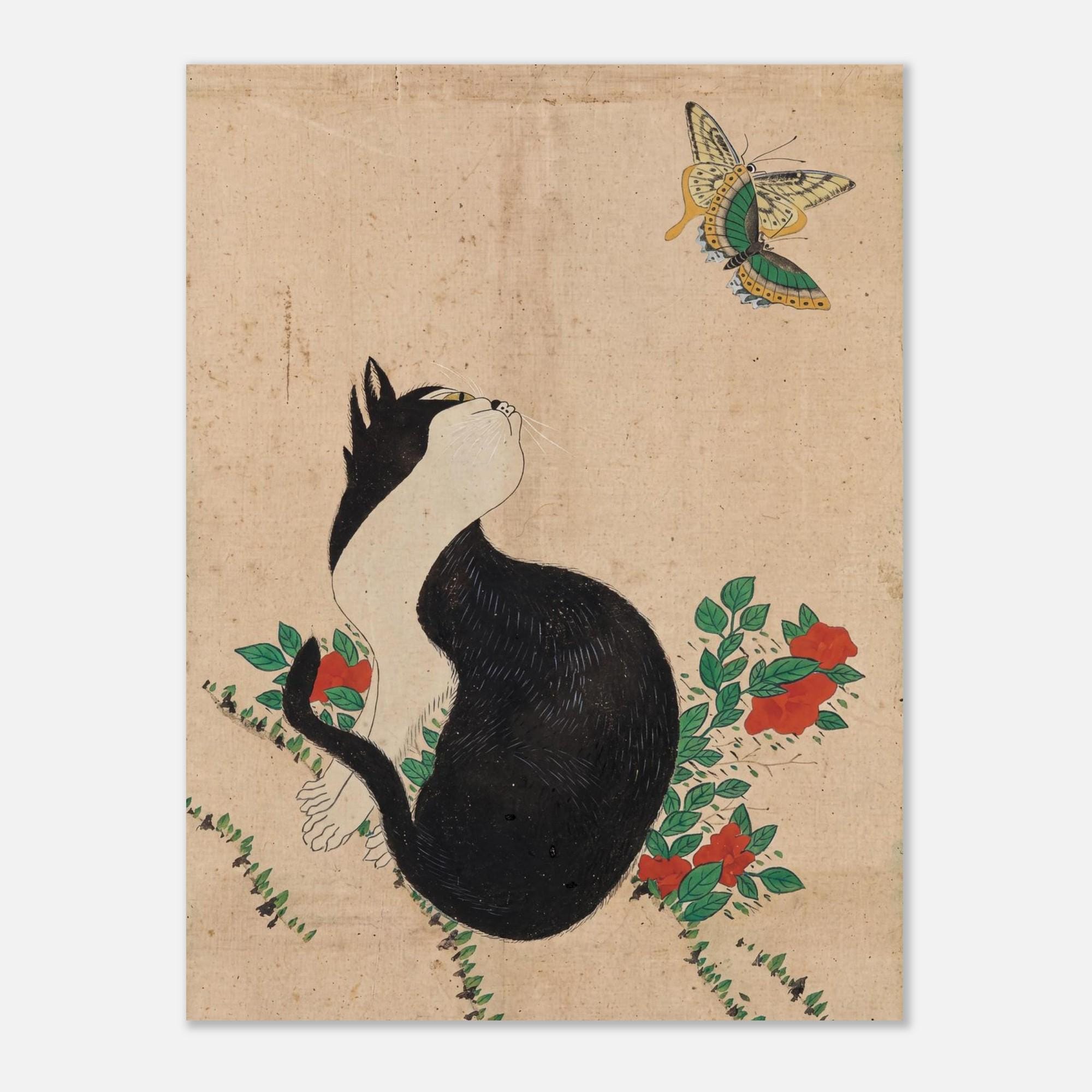 Korean Cat Painting Minhwa Print Asian Folk Art Black Cat Poster Cat Watching Butterfly Wall Art Woodblock And Asian Art Print