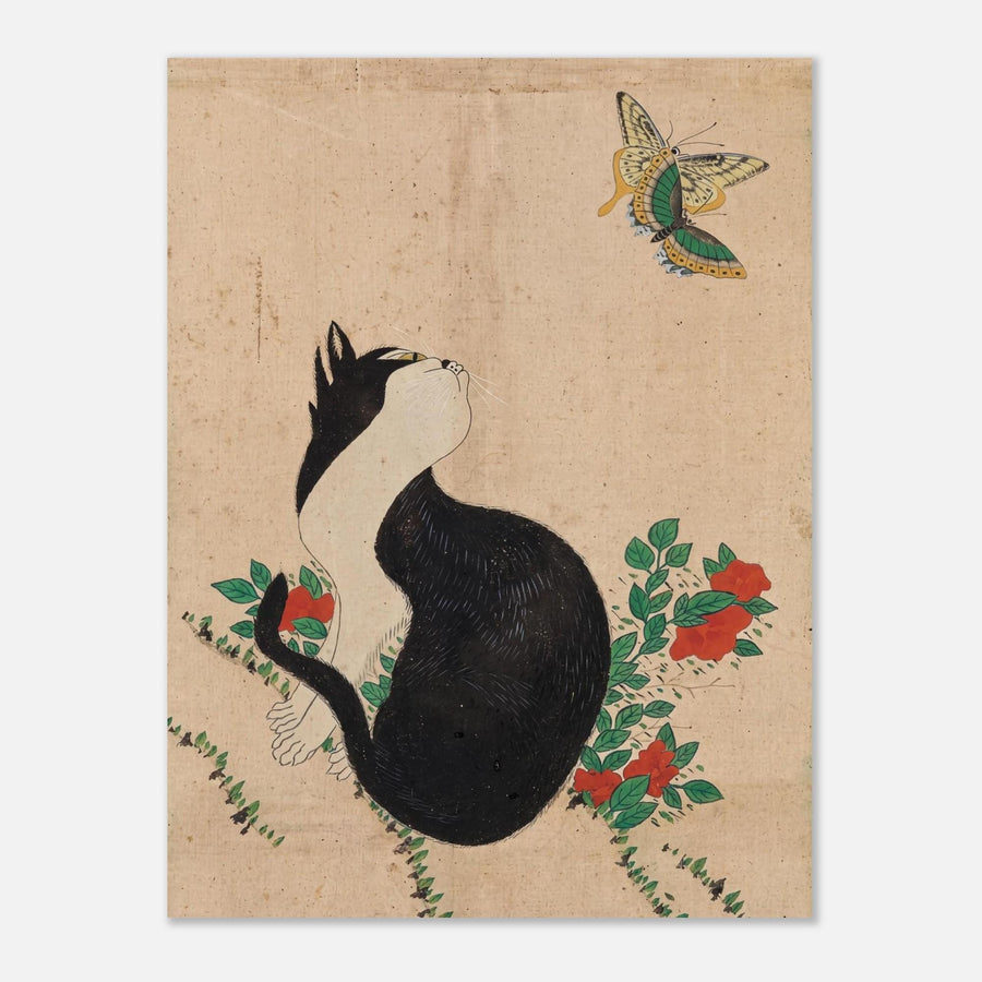 Korean Cat Painting Minhwa Print Asian Folk Art Black Cat Poster Cat Watching Butterfly Wall Art Woodblock And Asian Art Print