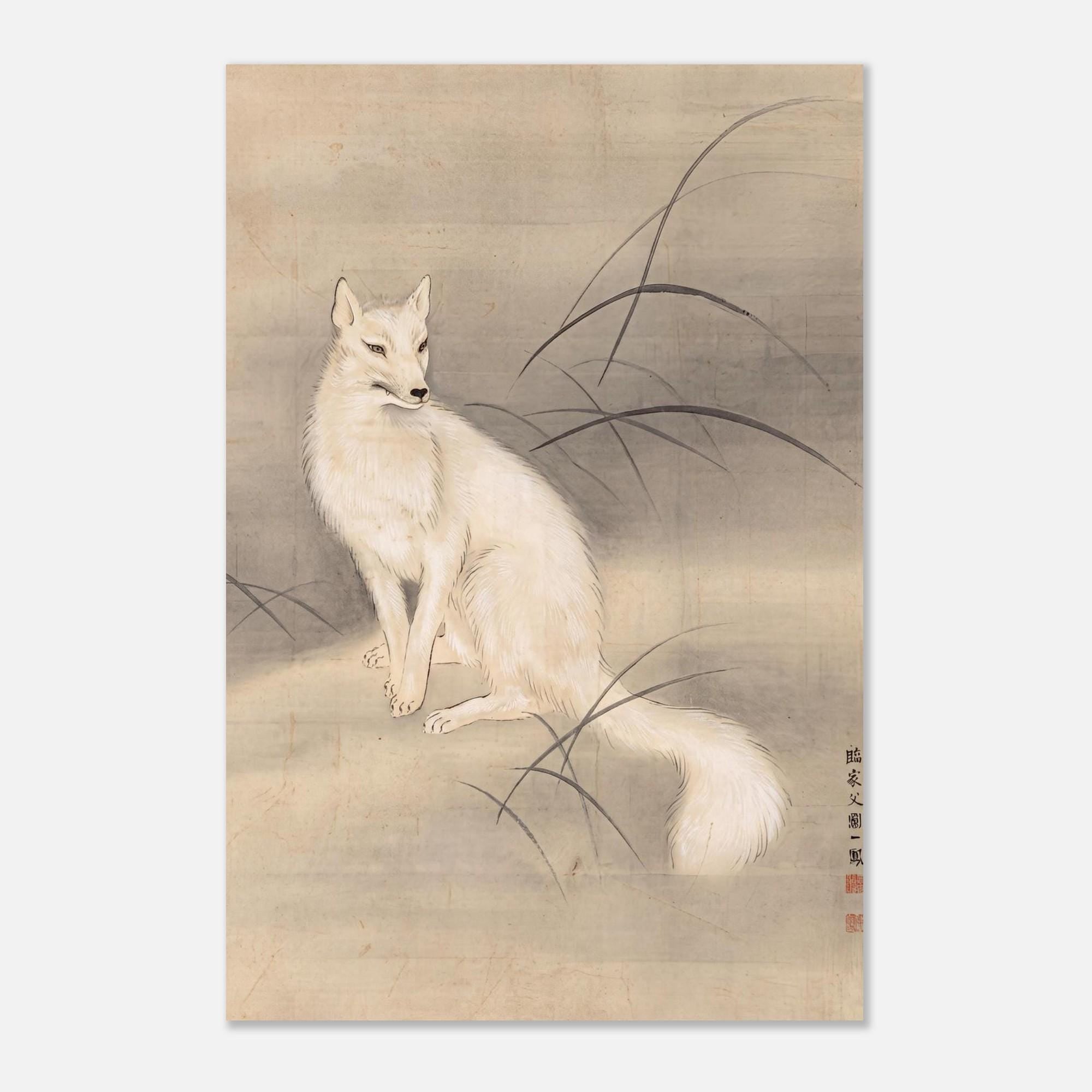White Fox Japanese Painting Antique Mori Kansai Kitsune Wall Art Vintage Inari Spirit Animal Fine Art Print Woodblock Asian Art Aesthetic