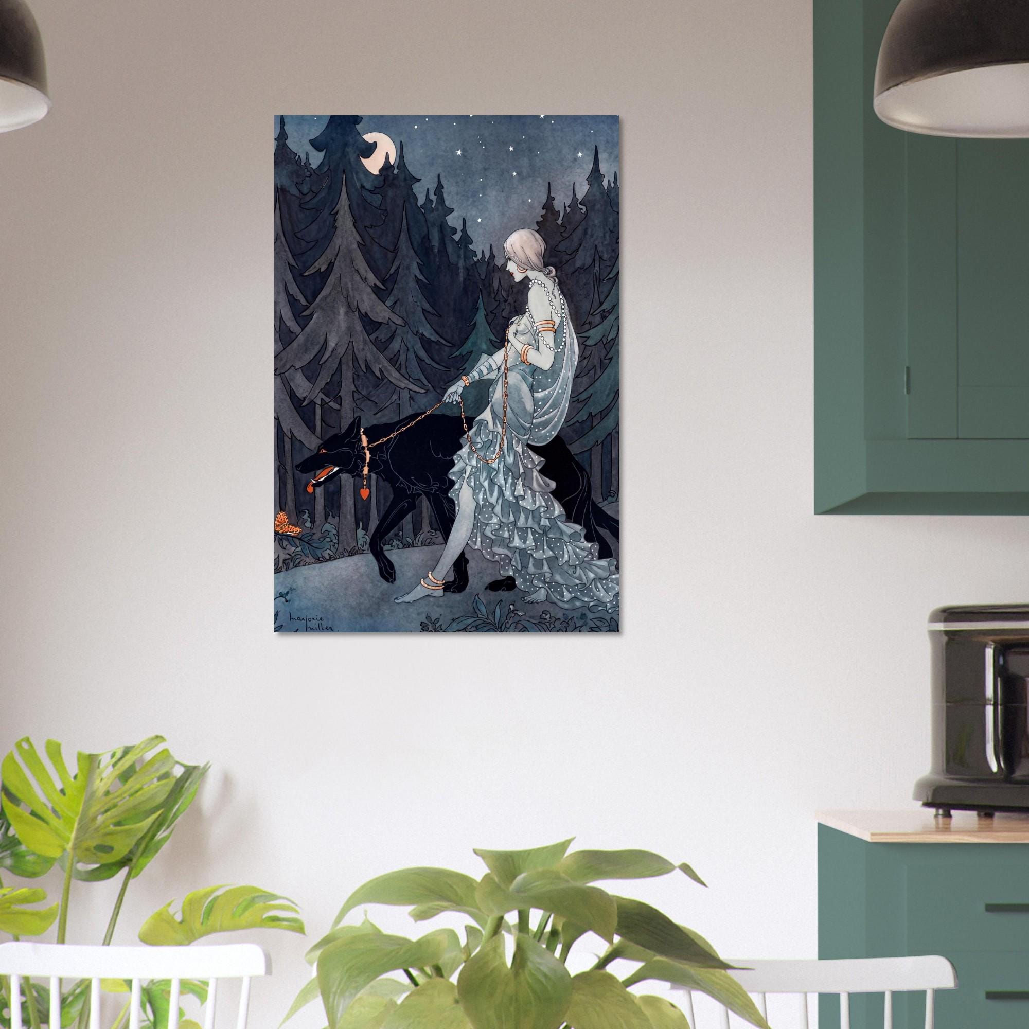 Queen of the Night Marjorie Miller Art Print Vintage Dark Fantasy Art Deco Woman with Wolf Ethereal Decor Art Nouveau and Vintage