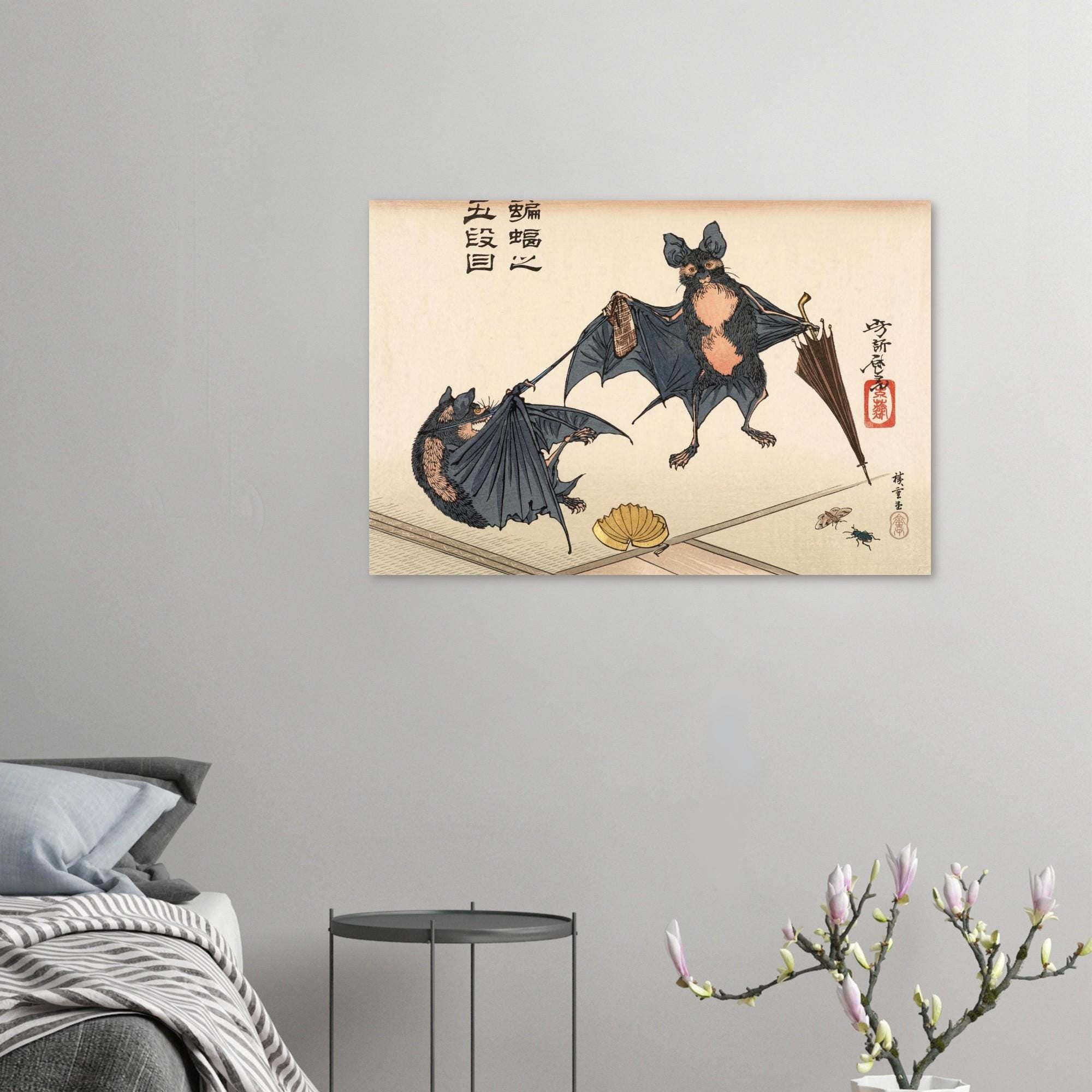 Vintage Japanese Bat Art Print Tsukioka Yoshitoshi Bats with Umbrella Woodblock Poster 1882 Antique Decor Woodblock & Asian Art