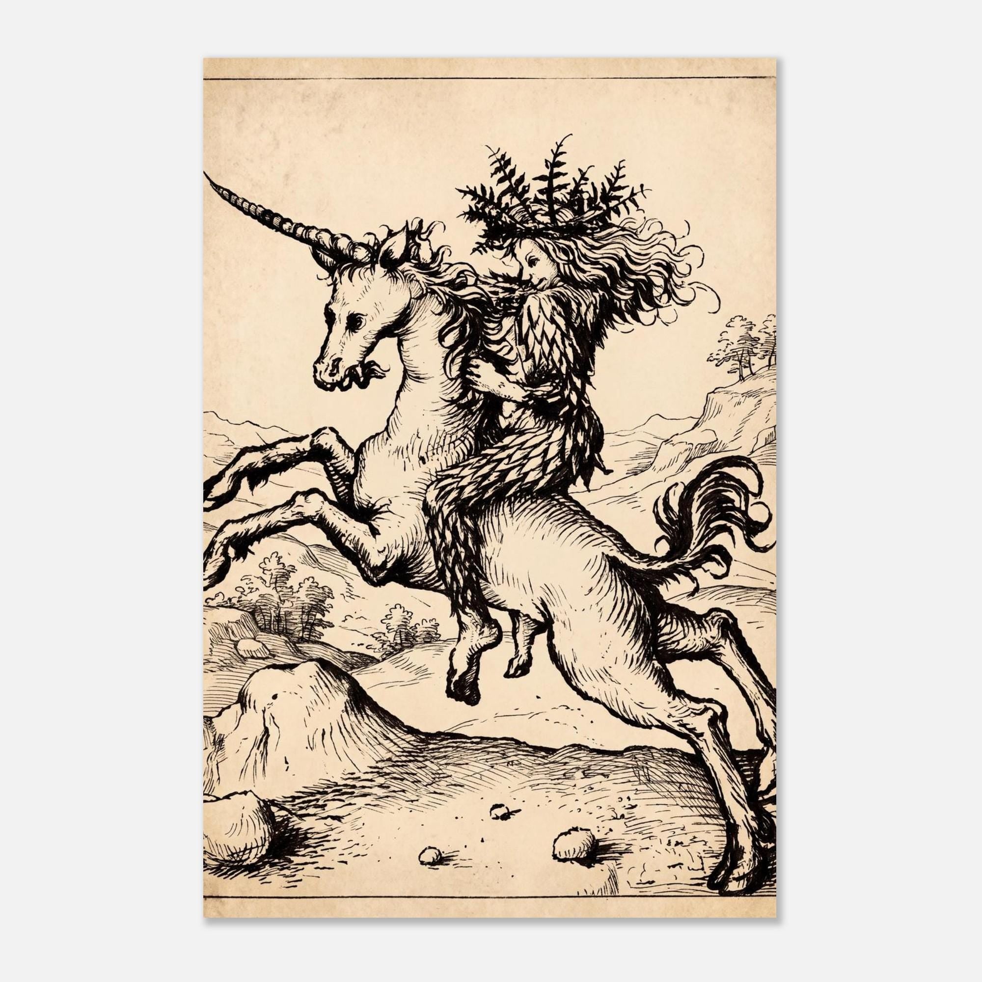 Medieval Unicorn Woodcut Art Print Gothic Wild Woman Engraving Dark Academia Wall Decor Vintage Mythical Creature Myth Symbolism