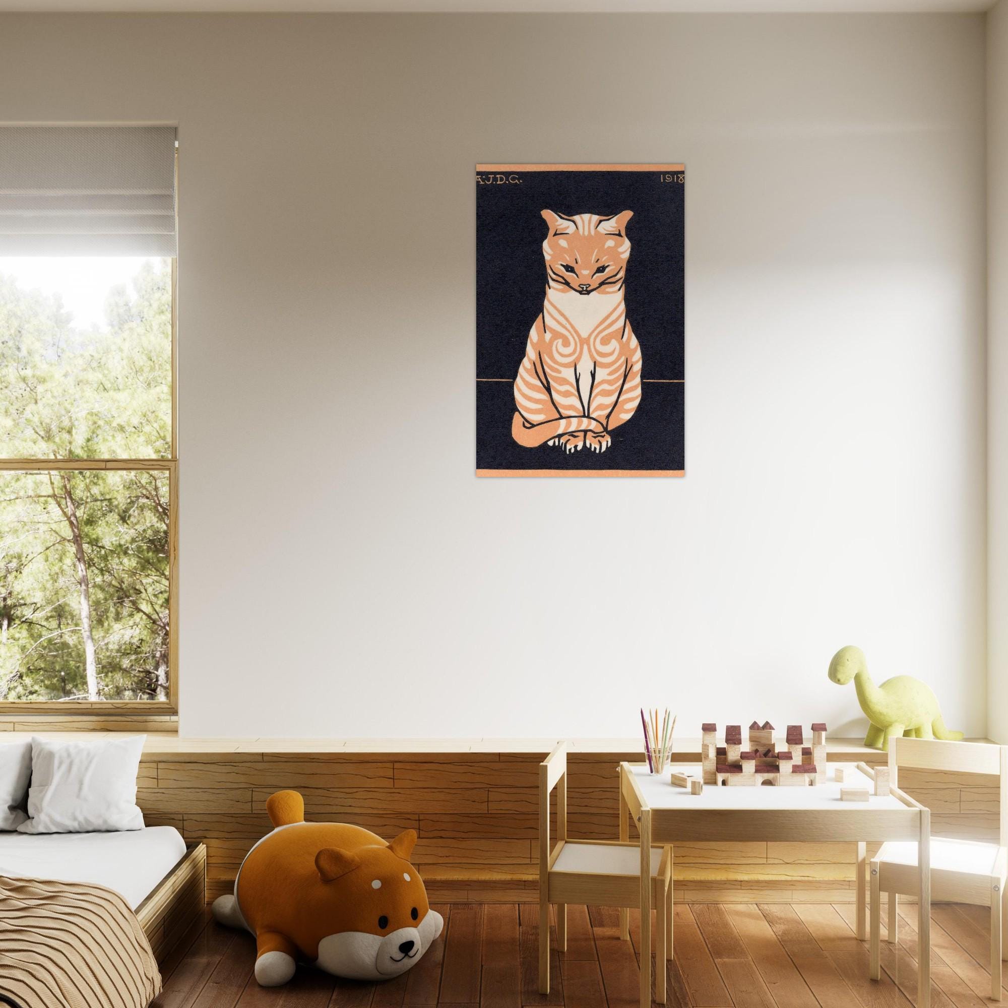 Julie de Graag Sitting Cat 1918 Vintage Woodcut Art Print Orange Tabby Feline Woodblock Poster Retro Wall Art Animals Creatures