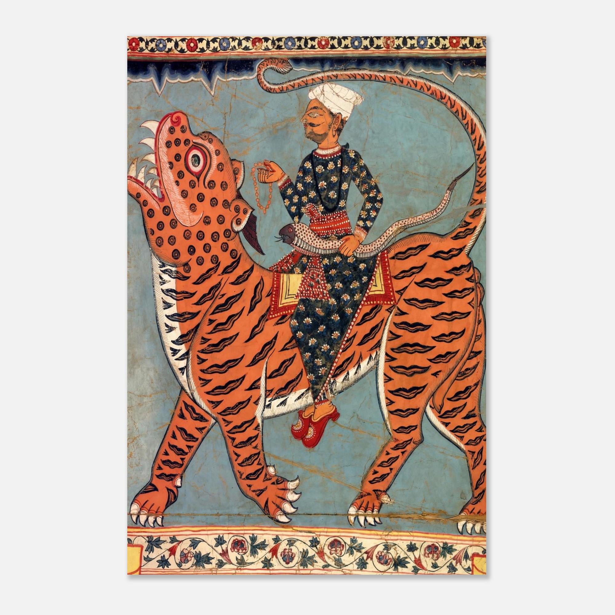 Vintage Indian Folk Art Print | Gazi Pir Riding Tiger with Snake Whip Wall Art | Antique Bengal Scroll Painting | Ethnic Home Decor
