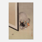 Antique Japanese Cat Art Print Oide Toko Feline Watching Spider Meiji Era Silk Painting Oriental Wall Decor Woodblock & Asian Art HUIHU