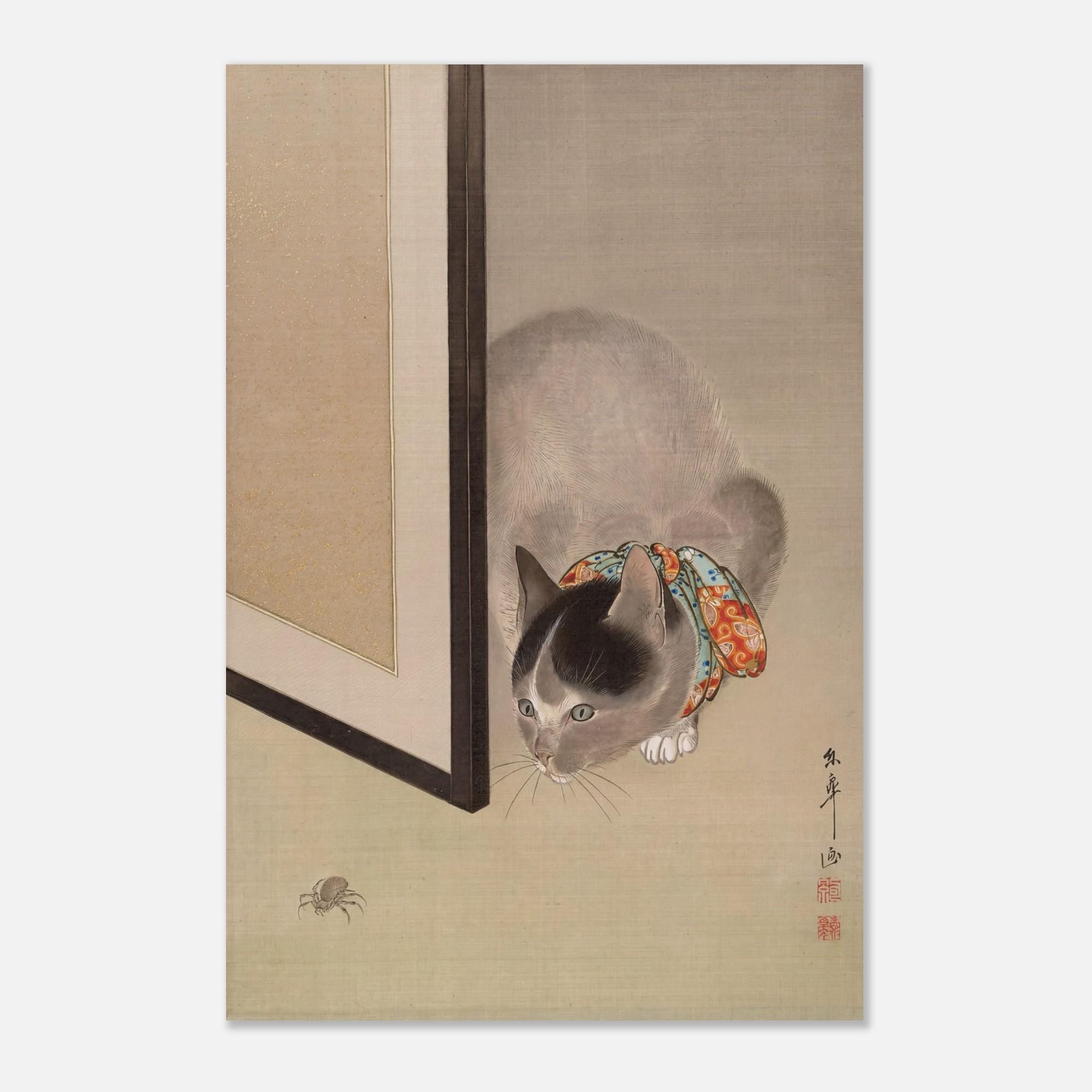 Antique Japanese Cat Art Print Oide Toko Feline Watching Spider Meiji Era Silk Painting Oriental Wall Decor Woodblock & Asian Art HUIHU
