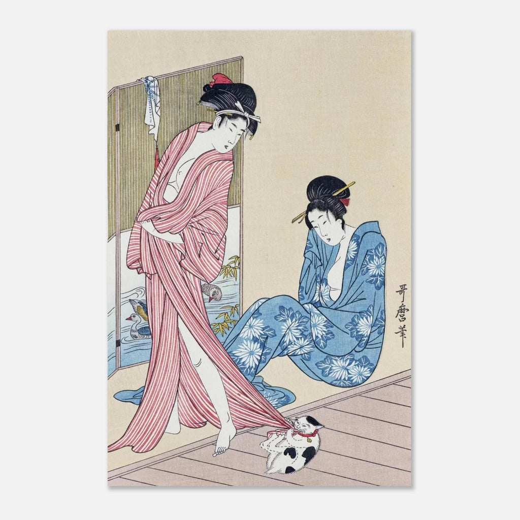 Majestic Japanese Woodblock Art Print Playful Cat Biting Kimono Kitagawa Utamaro Ukiyo e Masterpiece Poster Woodblock And Asian Art