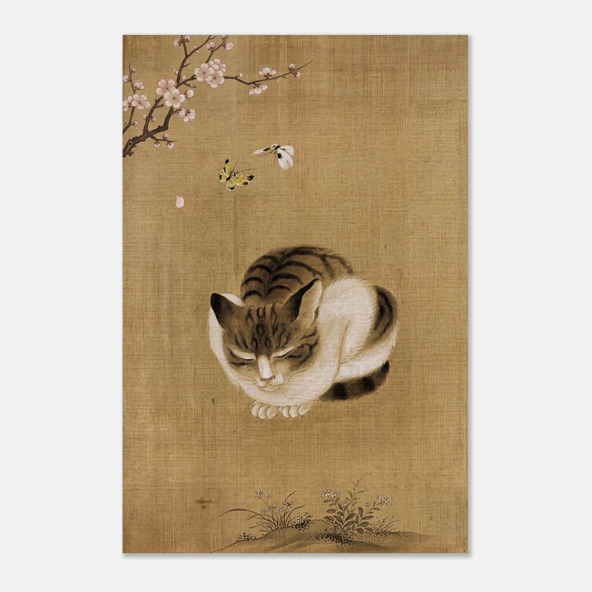 Vintage Sleeping Cat and Butterflies Art Print, Antique Japanese Edo Period Wall Decor, Asian Animal Art, Woodblock & Asian Art DPKsw