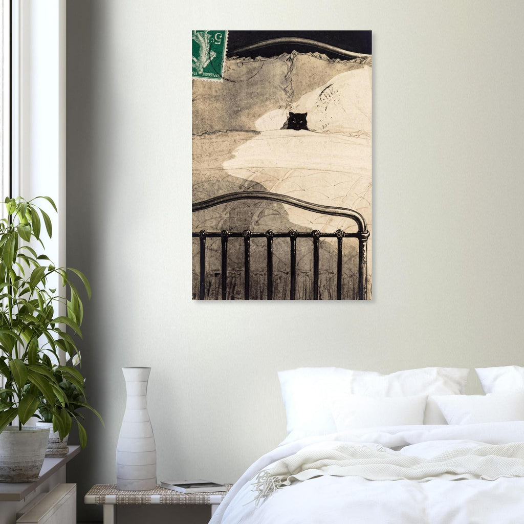 Vintage Black Cat Art Print | Whimsical Cat in Bed Wall Art | Funny French Animal Poster | Quirky Cat Lover Gift | Unframed Print
