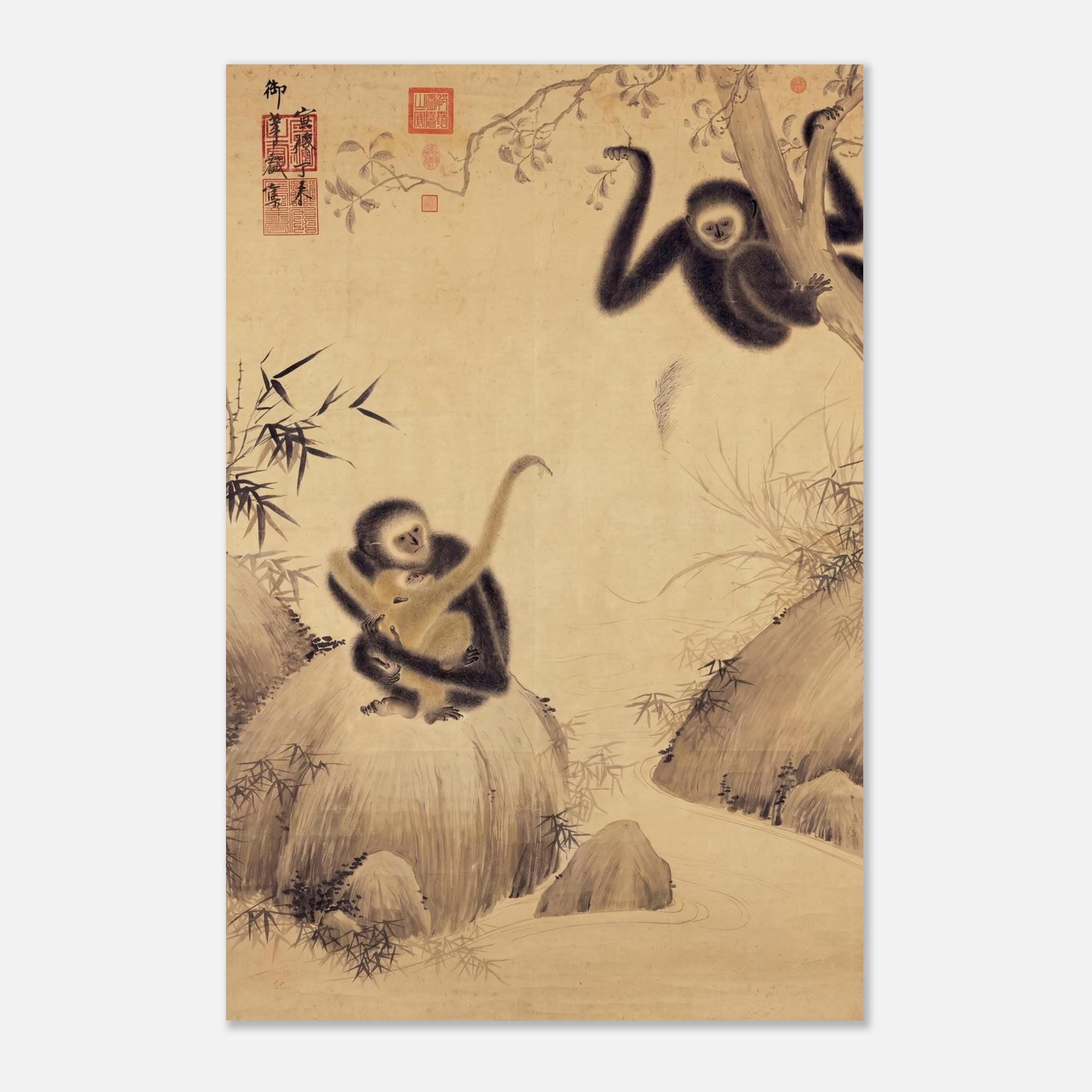 Vintage Chinese Monkey Art Print Gibbon Family Ink Wash Painting Ming Dynasty Traditional Asian Wall Decor Woodblock Asian Art
