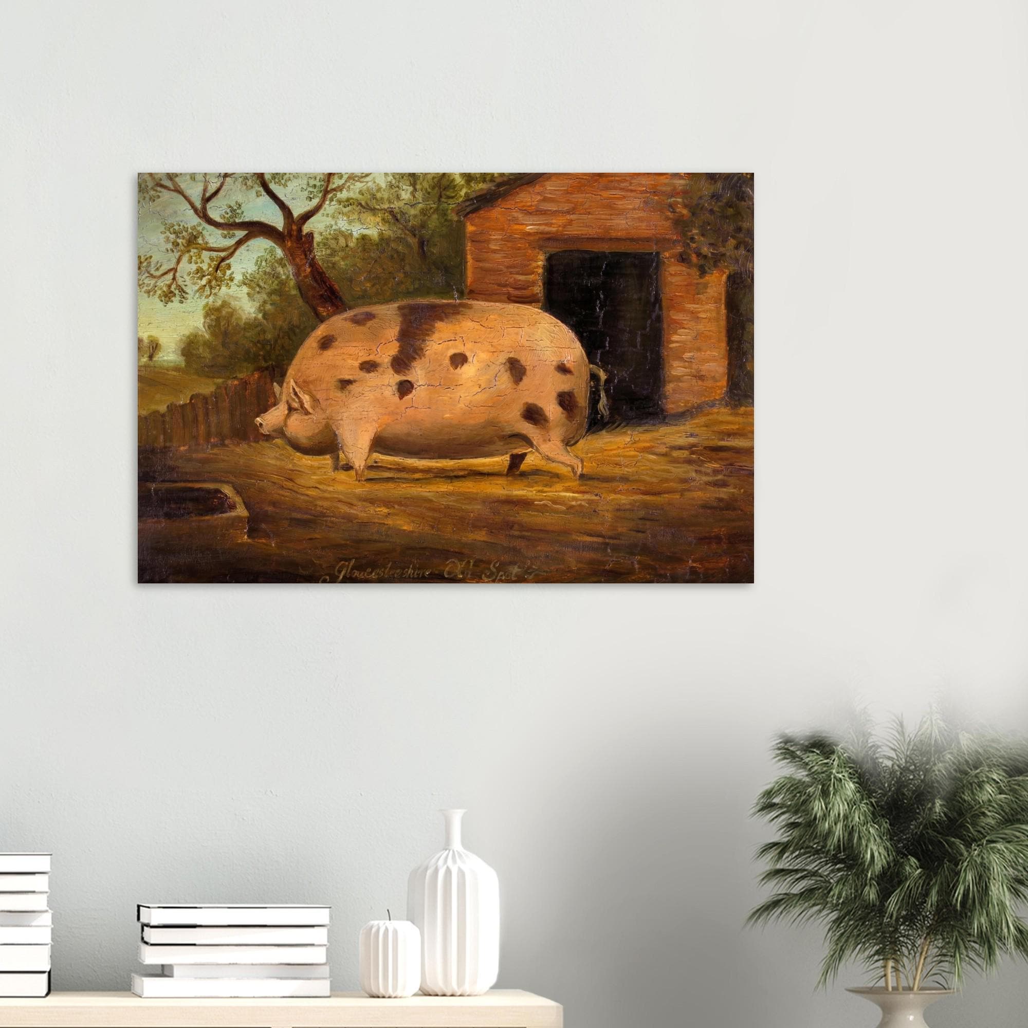 Vintage Pig Painting, Gloucestershire Old Spot Folk Art Print, Antique Farmhouse Wall Decor, Rustic Animal Portrait Poster