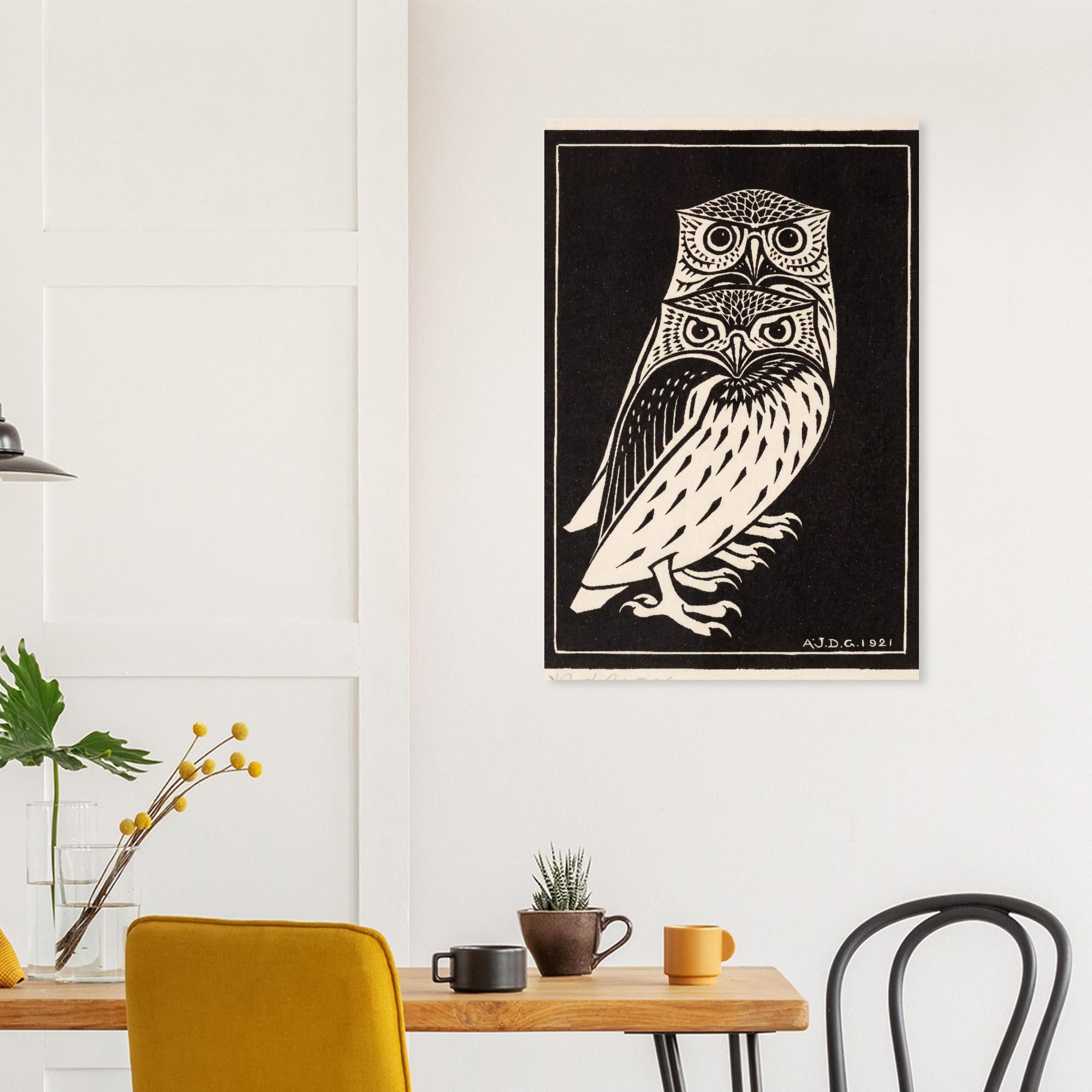Two Owls by Julie de Graag Fine Art Print, Vintage Owl Art, Craftsman Decor, Antique Woodcut, Bird Wall Art, Animal Artwork, Black