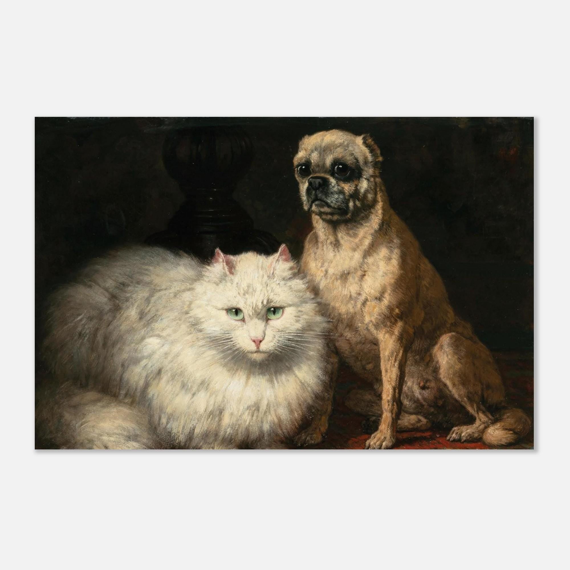 Henriette Ronner Knip Two Friends Cat and Pug Art Print Vintage Moody Animal Portrait Unframed Wall Decor Dark Academia Moody