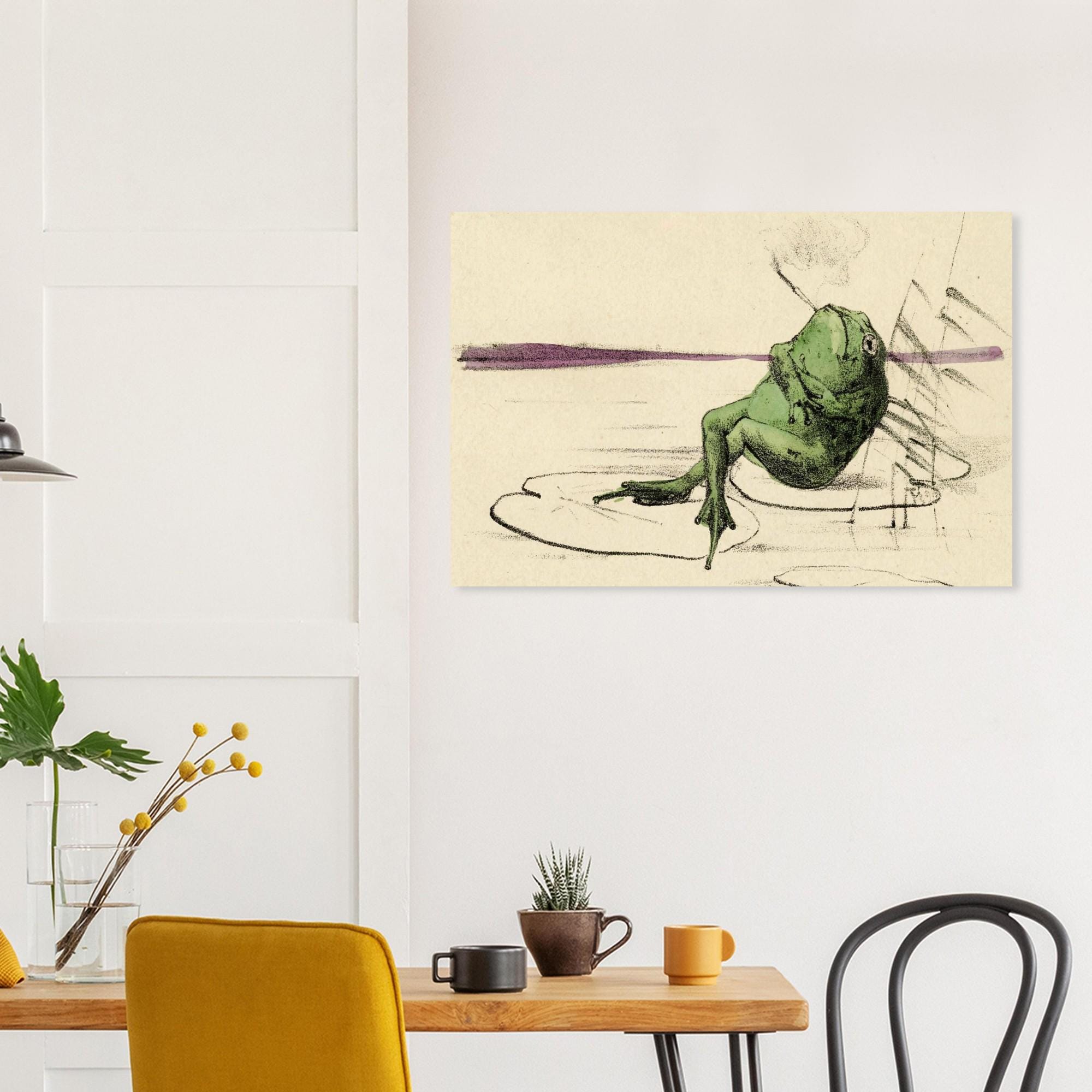 Reclining Frog Smoking Pipe Art Print | Victorian Whimsical Animal Wall Art | Dark Academia Decor | Vintage Toad Illustration