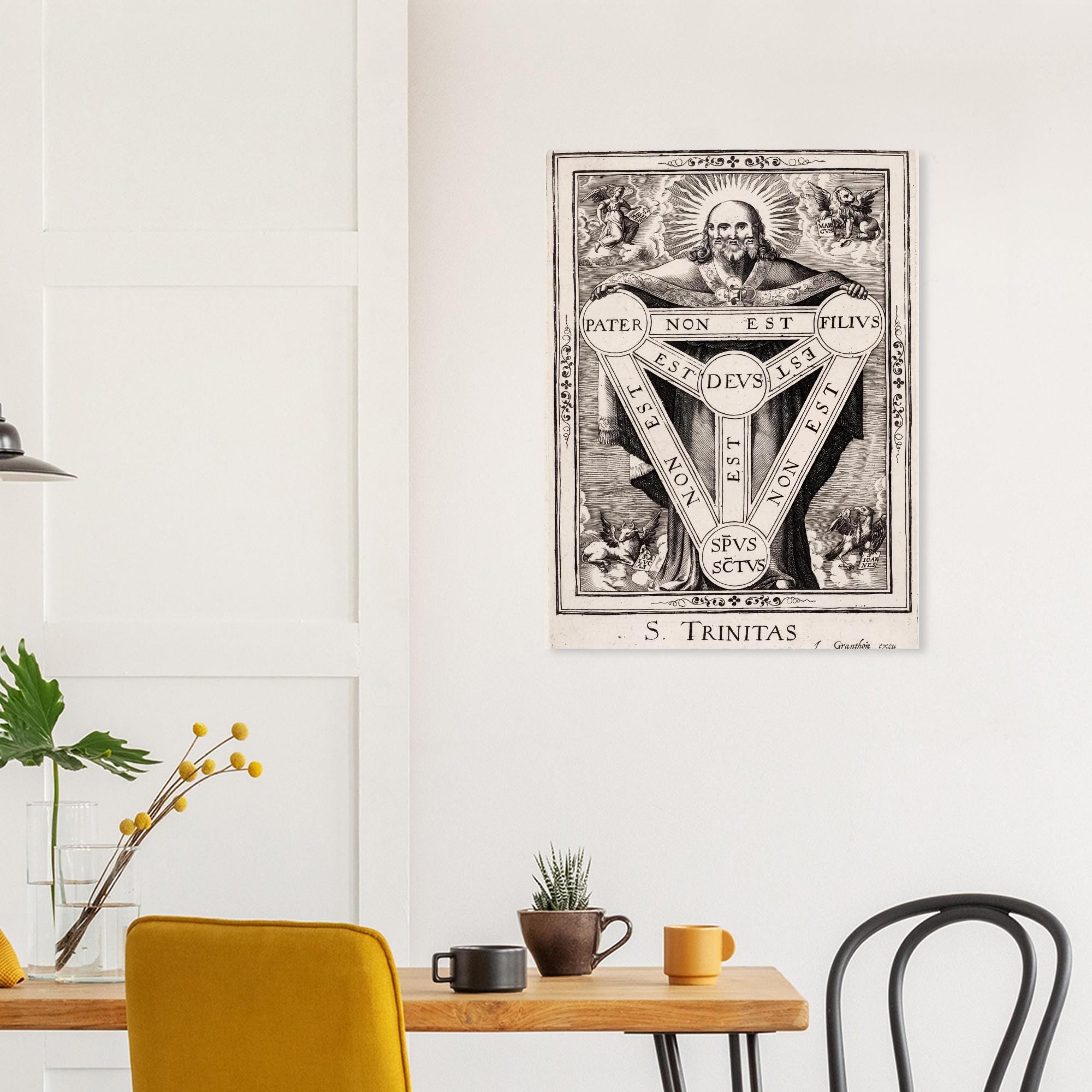 Vintage Holy Trinity Engraving Print Antique Three Faced God Wall Art Occult Sacred Diagram Poster Sacred Medieval Icons