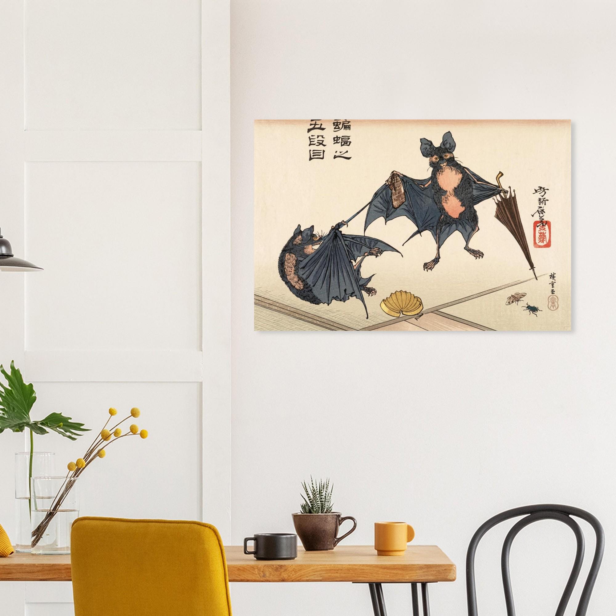 Vintage Japanese Bat Art Print Tsukioka Yoshitoshi Bats with Umbrella Woodblock Poster 1882 Antique Decor Woodblock & Asian Art