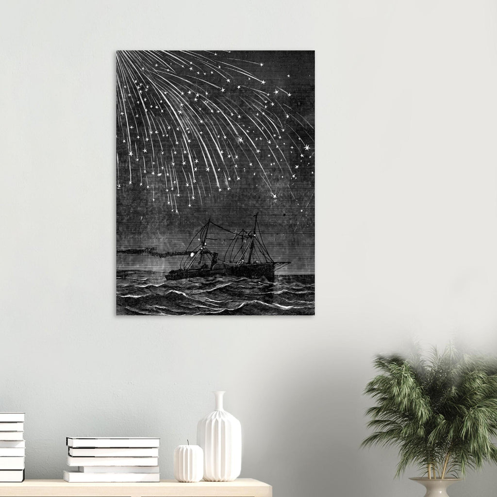 Vintage Meteor Shower Print Shooting Stars Night Sky Wall Art Antique Celestial Engraving Ship At Sea Poster Celestial Astronomy