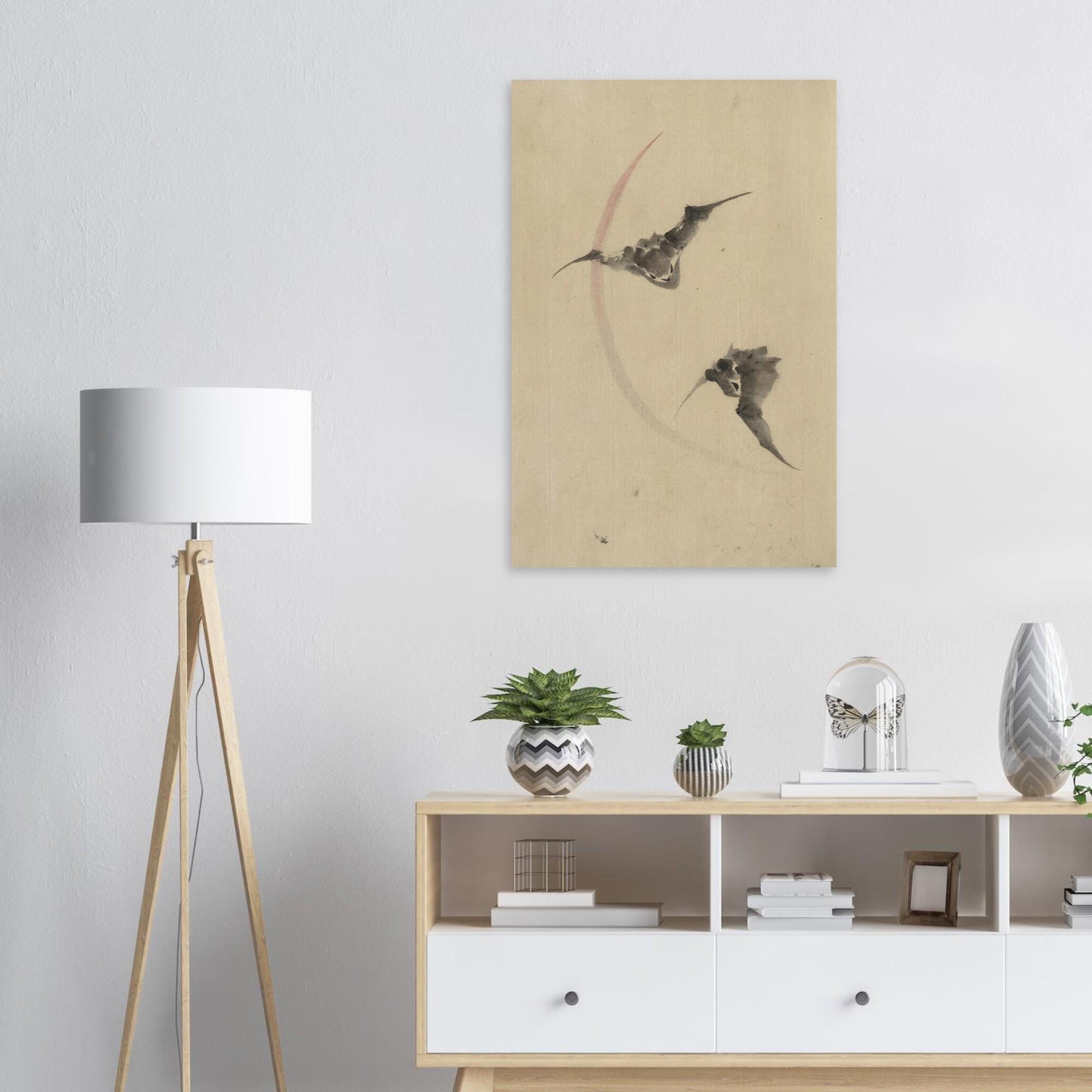 Hokusai Japanese Bat Art Print Vintage Sumi-e Ink Wash Painting Minimalist Moon Wall Decor Gift Woodblock & Asian Art