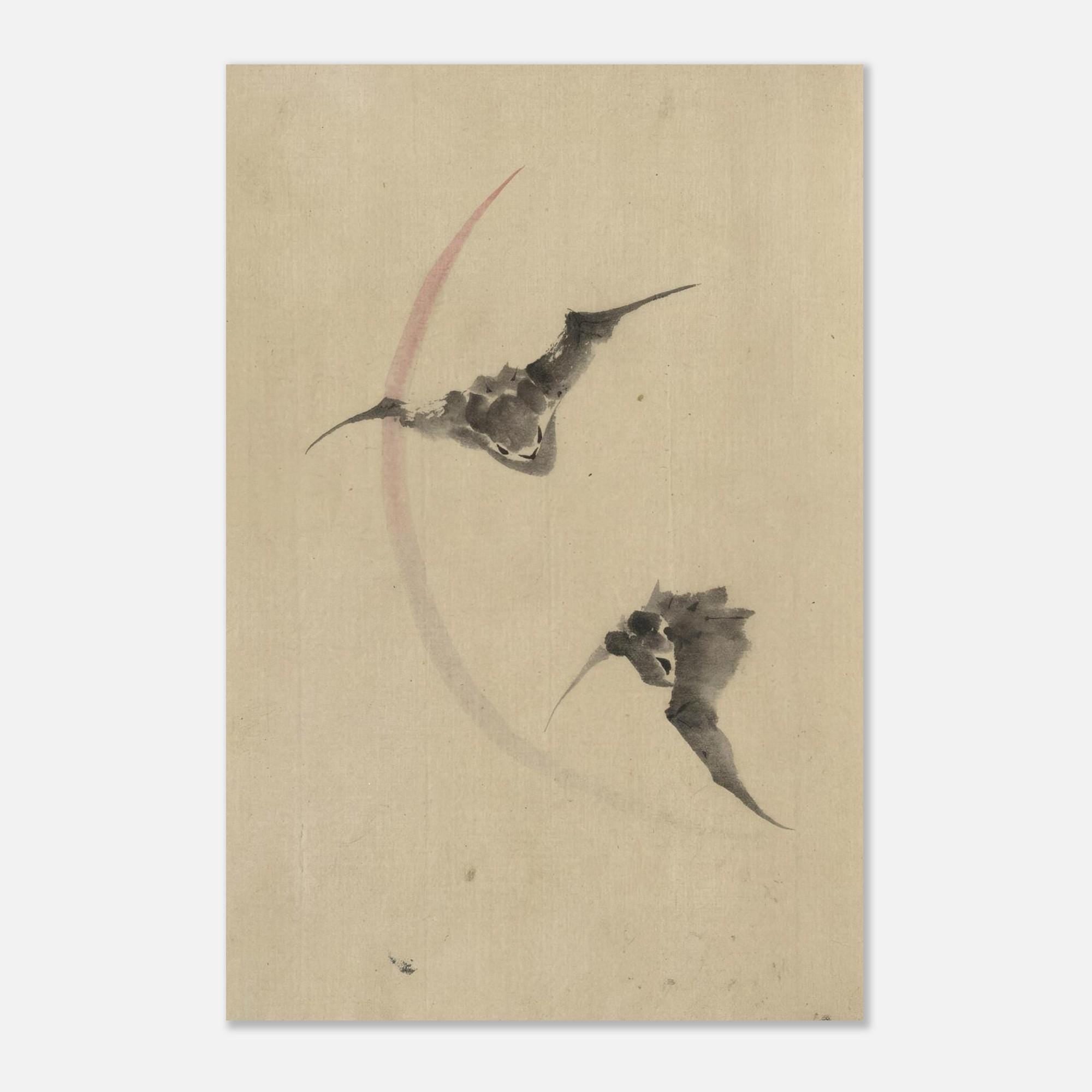 Hokusai Japanese Bat Art Print Vintage Sumi-e Ink Wash Painting Minimalist Moon Wall Decor Gift Woodblock & Asian Art