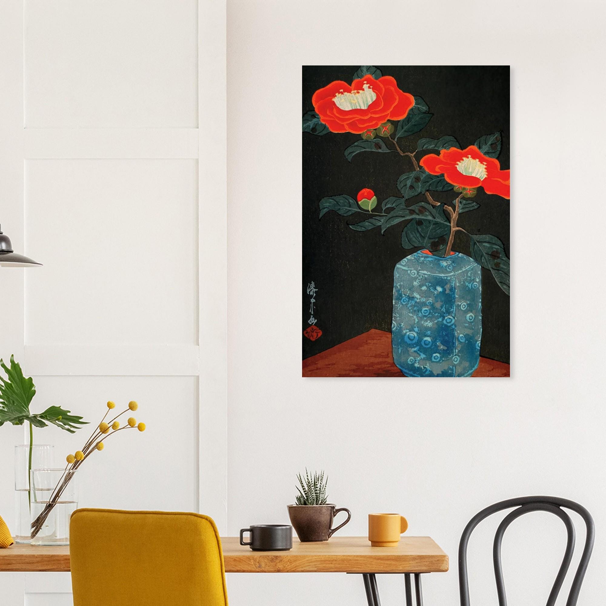 Yoshijiro Urushibara Red Camellia in Blue Vase Japanese Woodblock Print Vintage Botanical Asian Wall Art Woodblock & Asian Art
