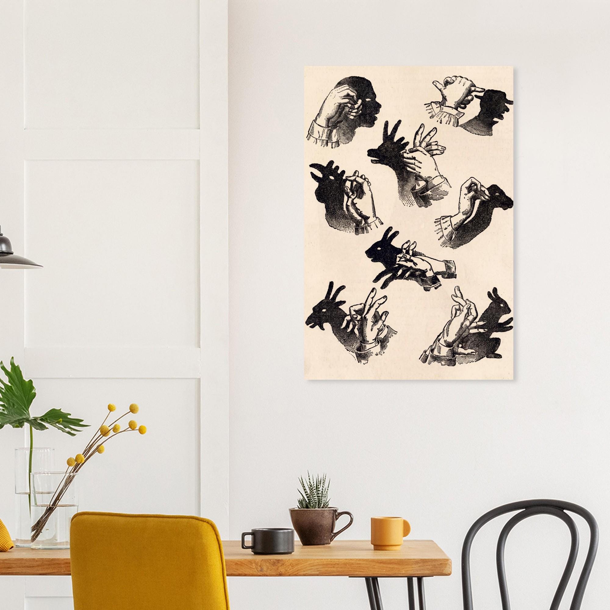 Vintage Hand Shadow Puppet Art Print Victorian Shadowgraphy Illustration Antique Oddities Wall Decor Dark Academia Animals Creatures