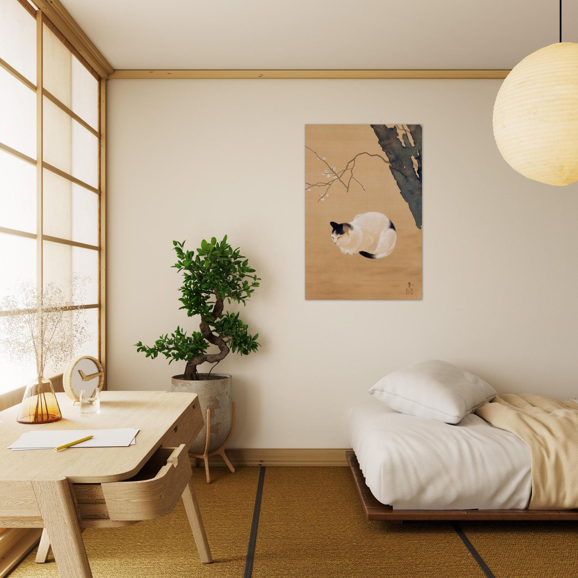 Hishida Shunso Japanese Cat Art Print Cat and Plum Blossoms Vintage Nihonga Wall Decor Sleeping Kitten Woodblock Asian Art