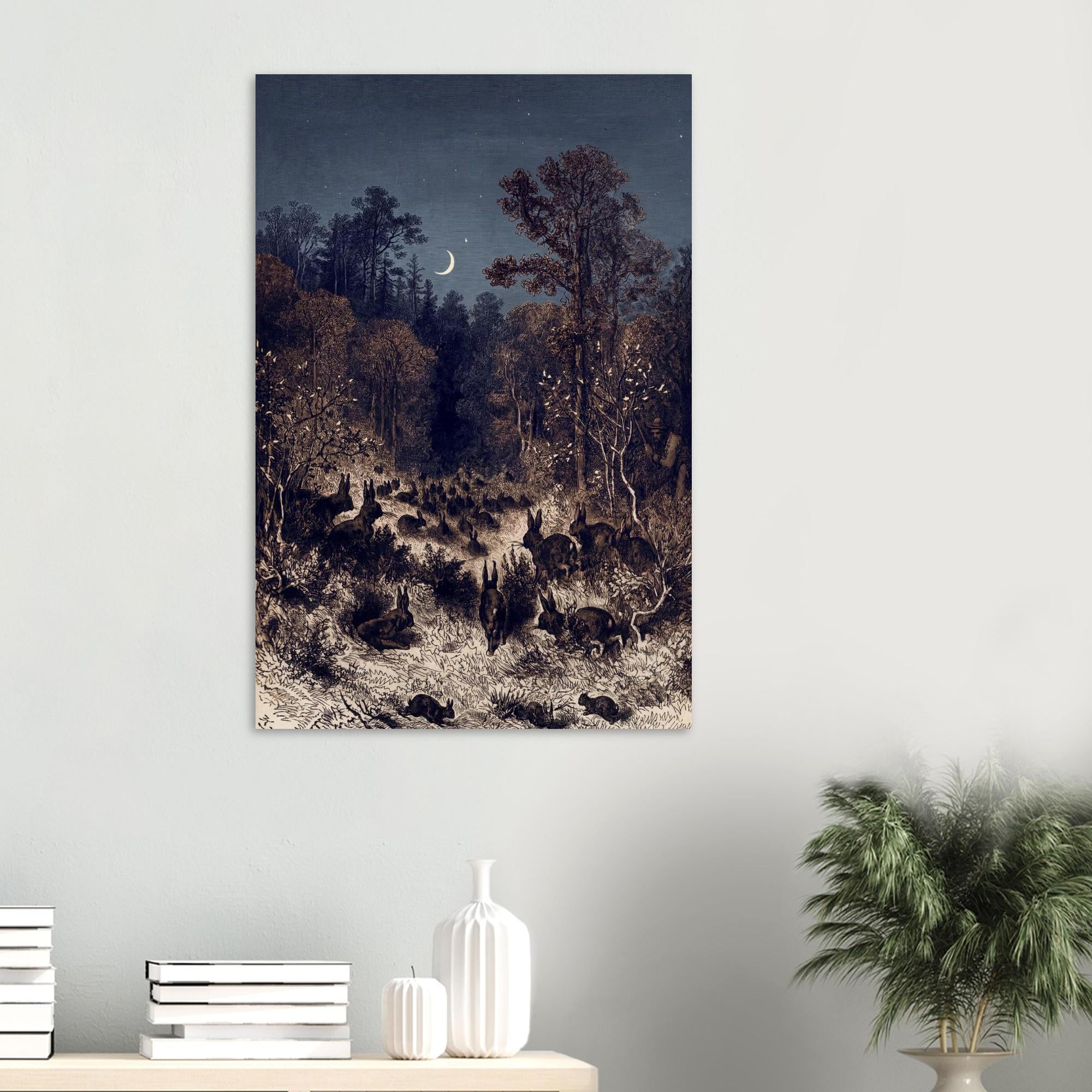 Antique Rabbit Forest Engraving Moody Moonlit Woodland Animals Vintage Bunny Wall Art Print Noir Nature Dark Academia & Moody