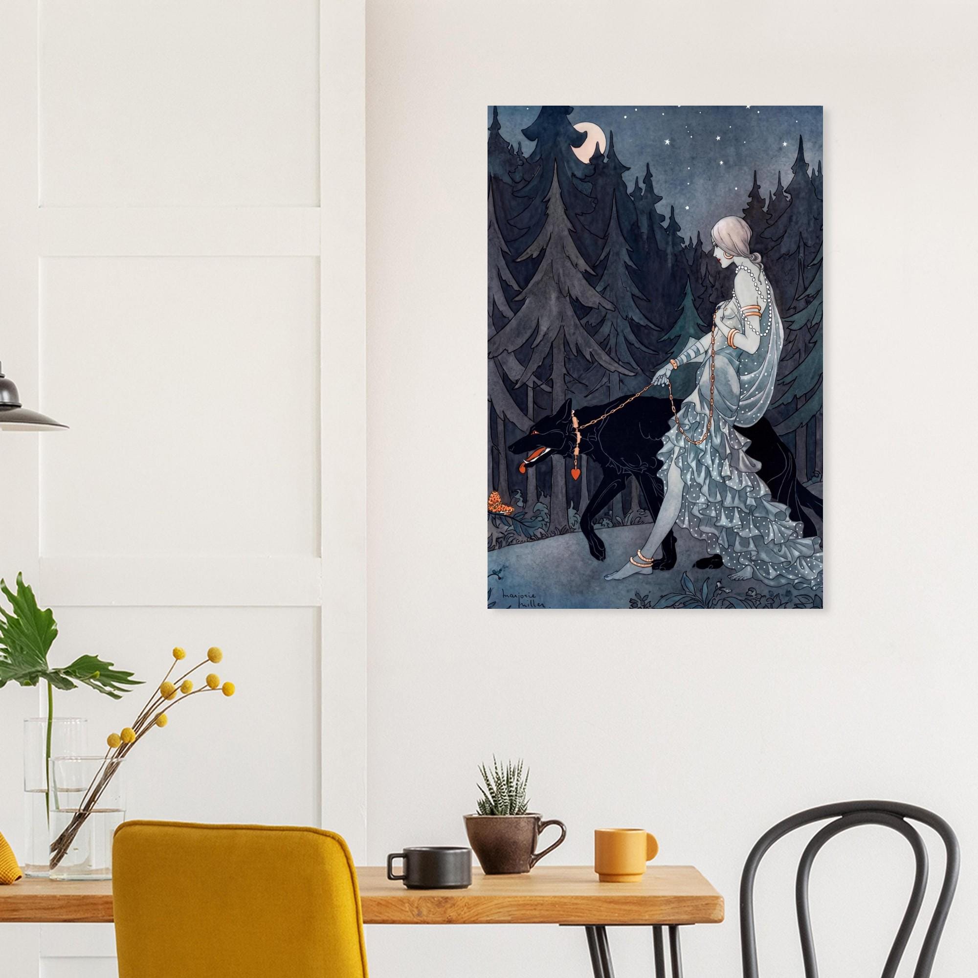Queen of the Night Marjorie Miller Art Print Vintage Dark Fantasy Art Deco Woman with Wolf Ethereal Decor Art Nouveau and Vintage