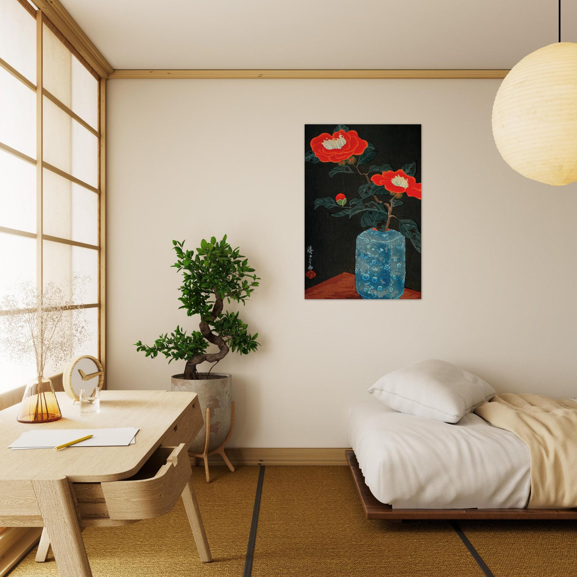 Yoshijiro Urushibara Red Camellia in Blue Vase Japanese Woodblock Print Vintage Botanical Asian Wall Art Woodblock & Asian Art