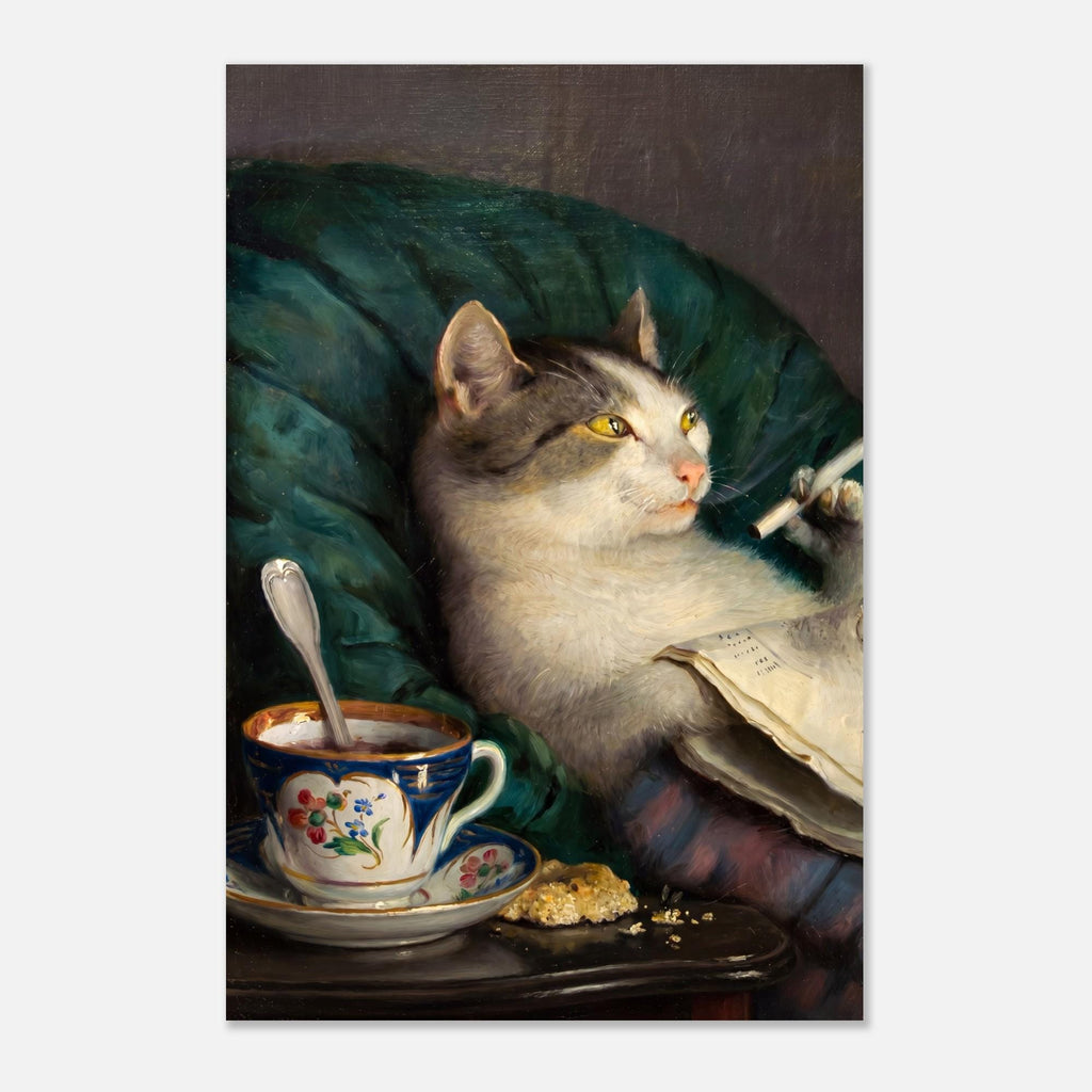 Funny Cat Smoking Cigarette Art Print Reading Newspaper Vintage Victorian Poster Anthropomorphic Wall Art Dark Academia Moody