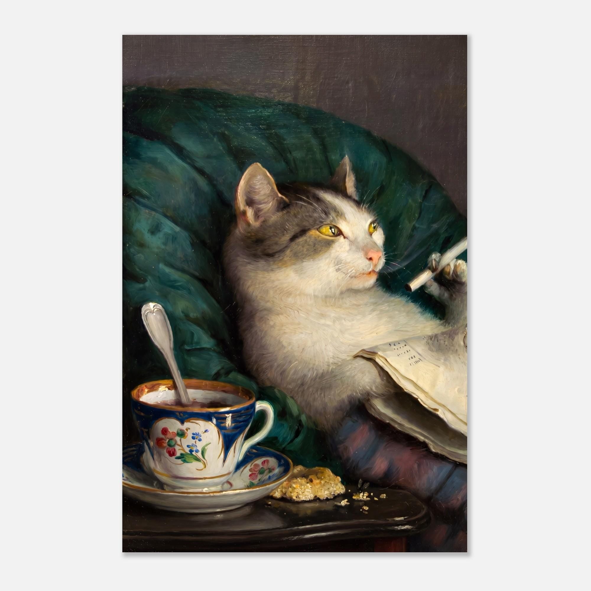 Funny Cat Smoking Cigarette Art Print Reading Newspaper Vintage Victorian Poster Anthropomorphic Wall Art Dark Academia Moody