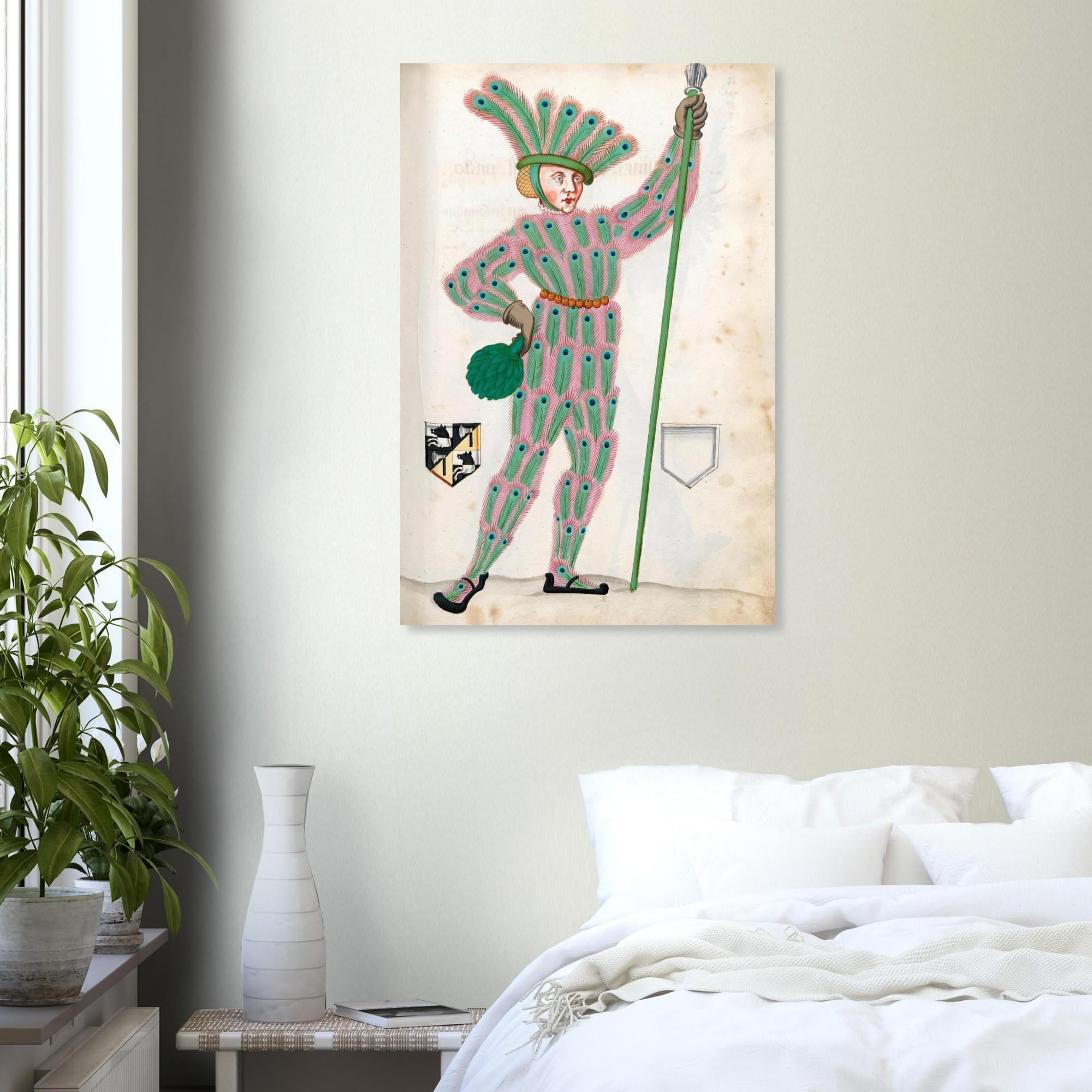Medieval Peacock Man Wall Art Renaissance Manuscript Print Quirky Vintage Nuremberg Carnival Costume Eccentric Portraits & Figures