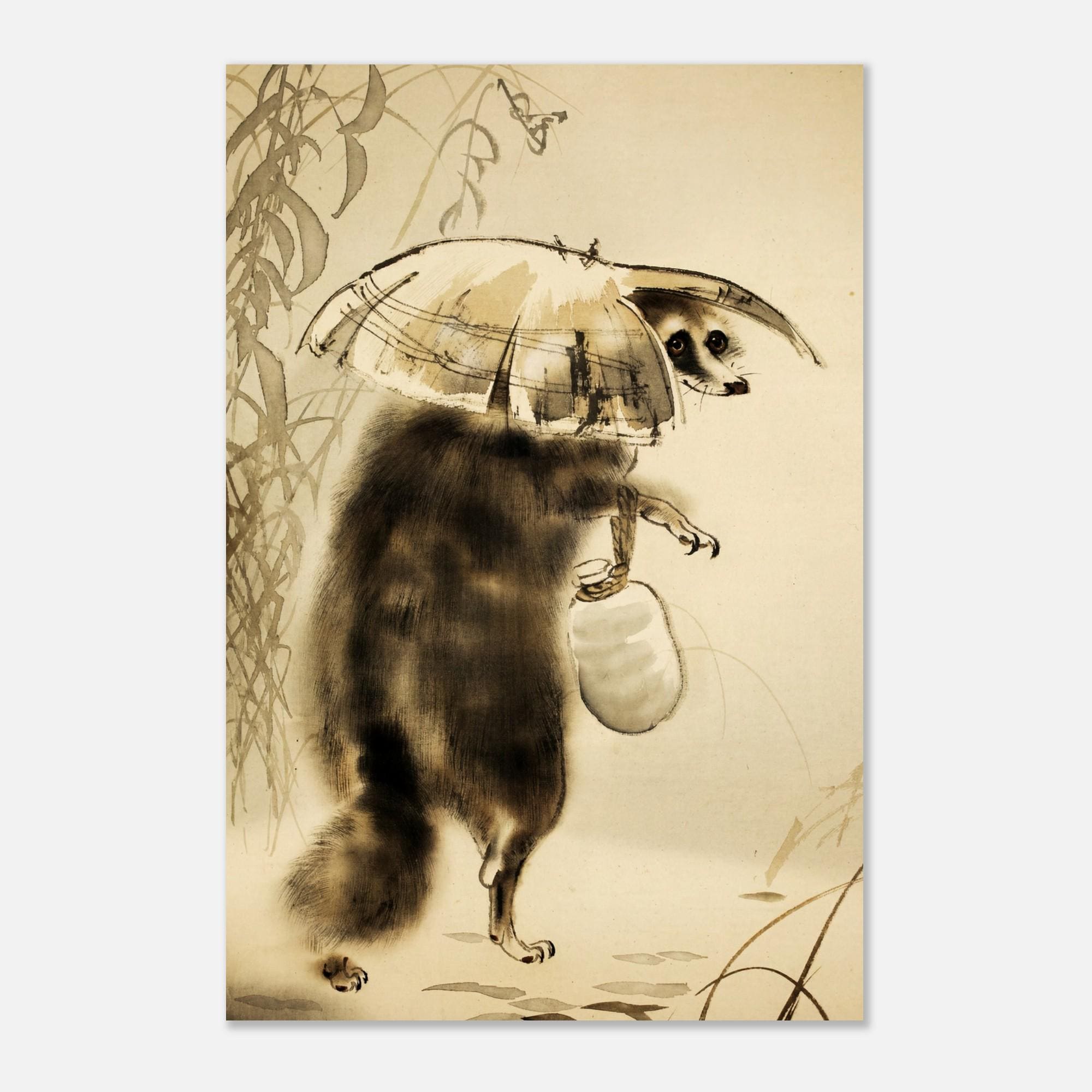 Japanese Tanuki Art Print Traditional Raccoon Dog with Sake Bottle and Straw Hat Vintage Asian Wall Decor Woodblock & Asian Art a1fe0