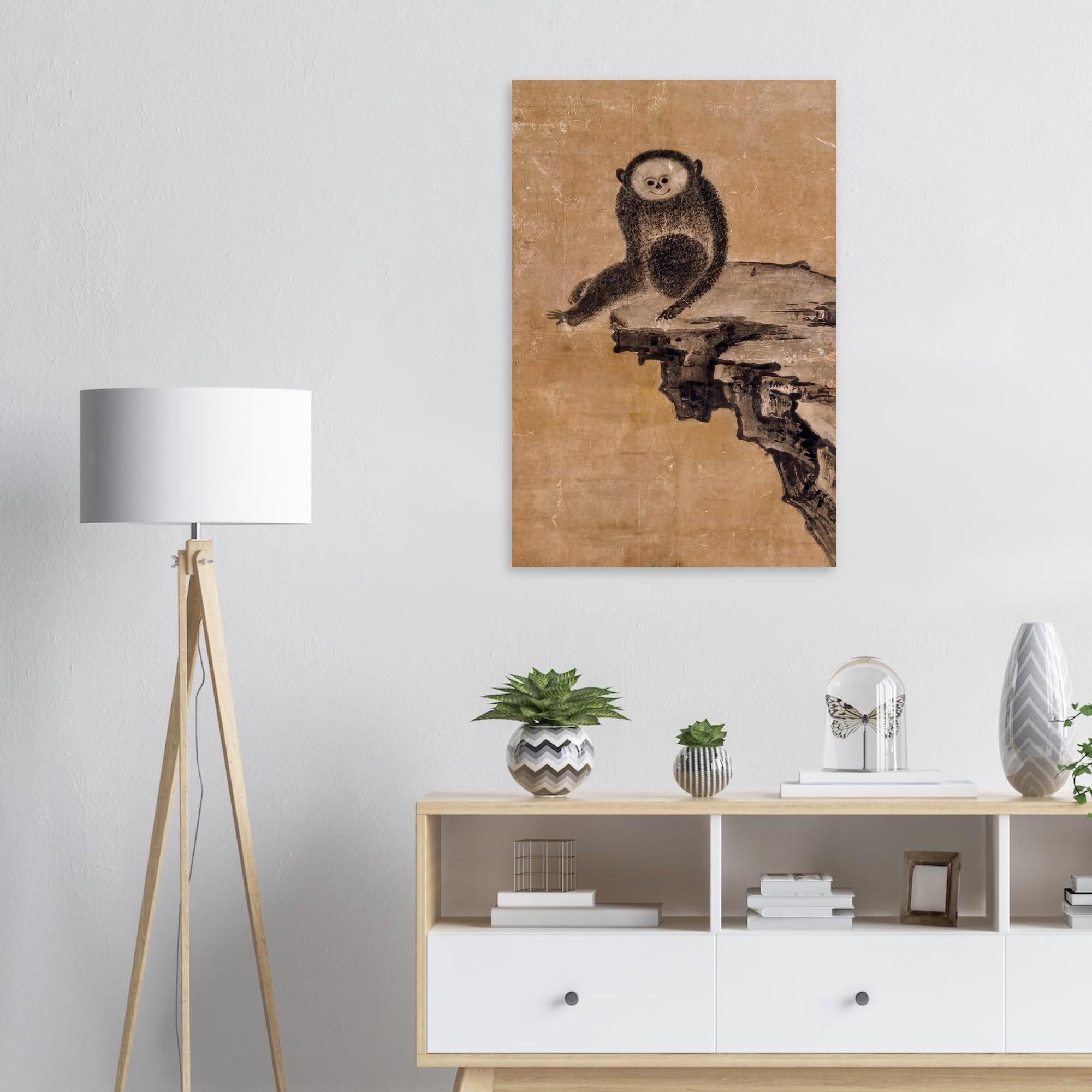 Japanese Zen Monkey Art Print | Minimalist Ink Wash Wall Art | Muqi Gibbon Painting | Wabi Sabi Animal Decor | Smiling Monkey Art