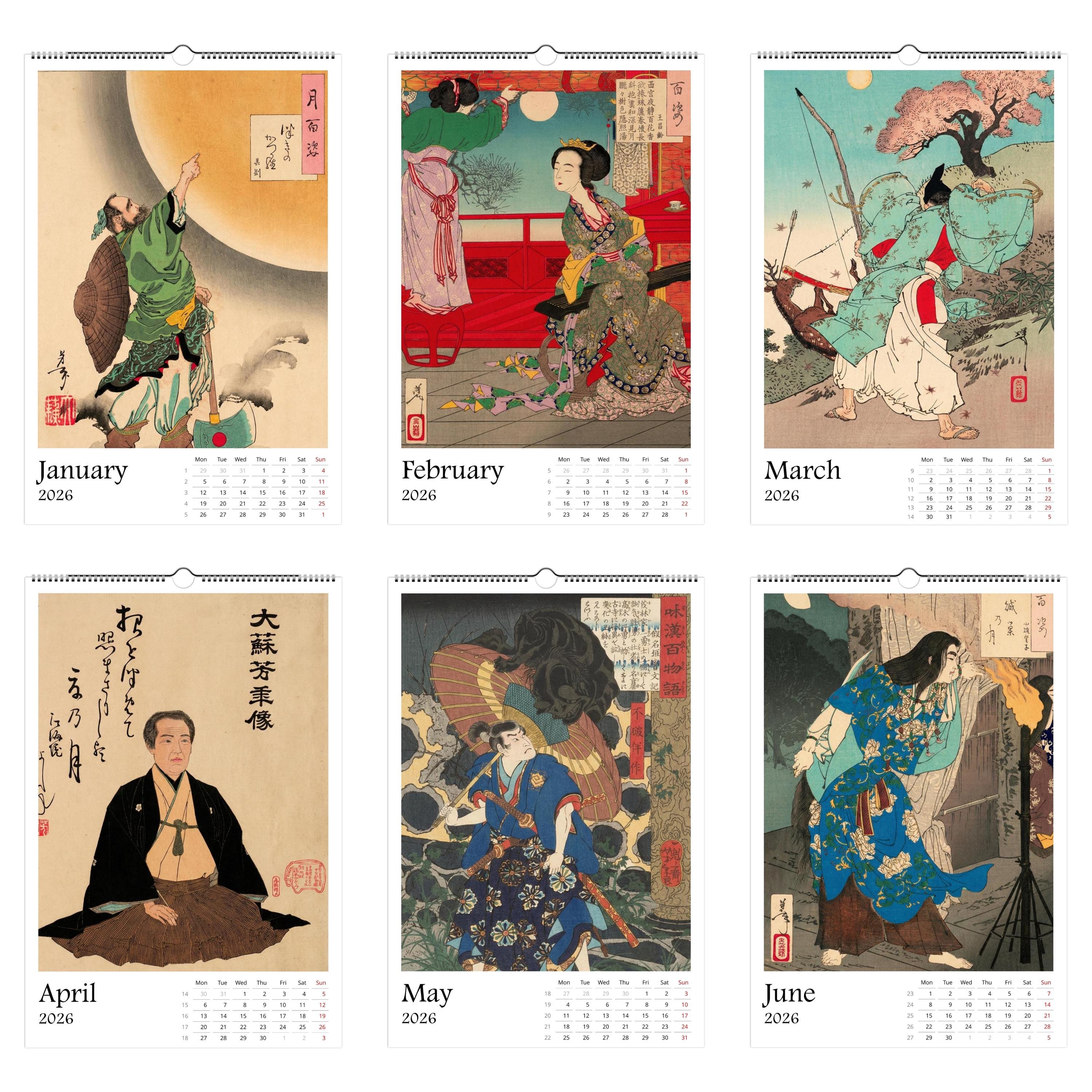 13 artworks of Japanese Woodblock Ukiyo-e Art 2026 Wall Calendar 11x16.5, Tsukioka Yoshitoshi, Large Vertical Hanging Home Decor