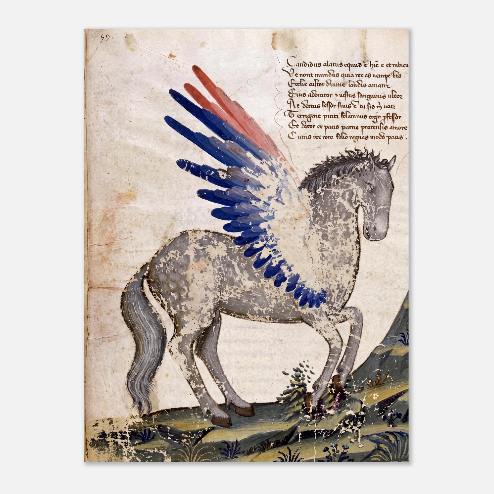 Medieval Pegasus Art Print Vintage Winged Horse Manuscript Illumination Mythological Creature Dark Academia Decor Weird Medieval Art