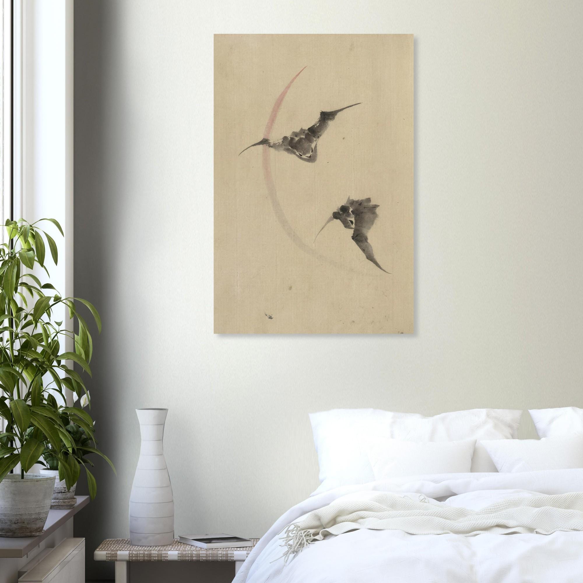 Hokusai Japanese Bat Art Print Vintage Sumi-e Ink Wash Painting Minimalist Moon Wall Decor Gift Woodblock & Asian Art