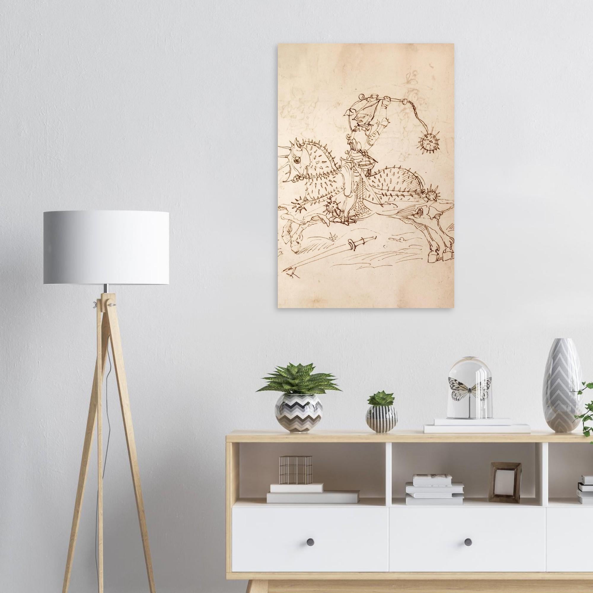 Medieval Knight on Horseback Spiked Armor Art Print | 15th Century German Manuscript Sketch | Historical Warrior Wall Decor