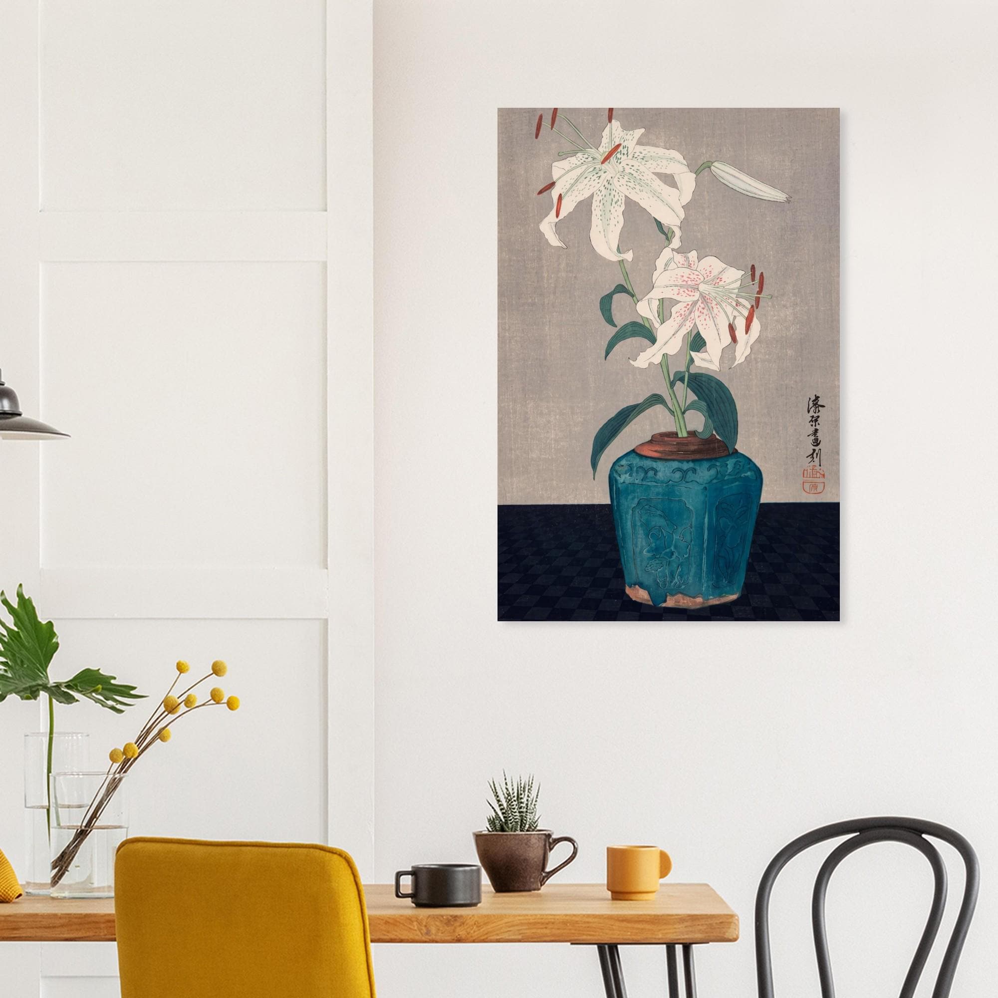 Japanese Woodblock Lily Print Vintage Kachoe Floral Wall Art Antique White Flower Poster Still Life Zen Decor Woodblock and Asian Art