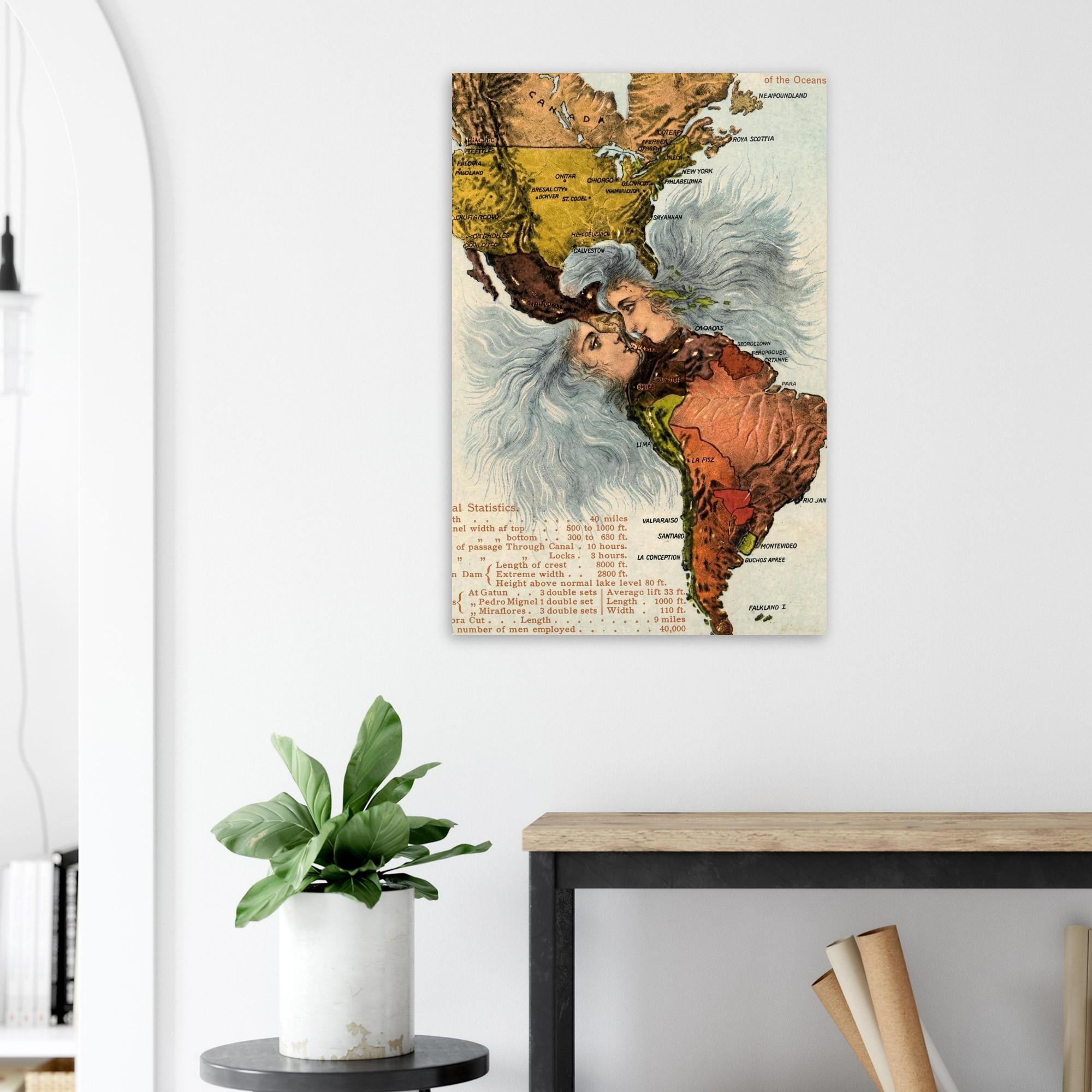 The Kiss of the Oceans Panama Canal Map Art Print | Vintage Allegorical Wall Decor | Antique Historical Poster | Nautical Map Gift